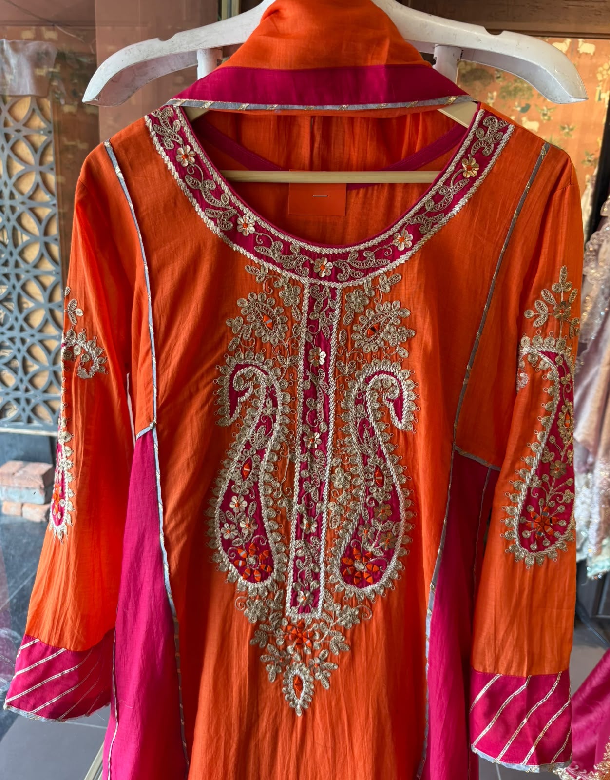 Fuchsia Orange Embroidered Mul Anarkali Set