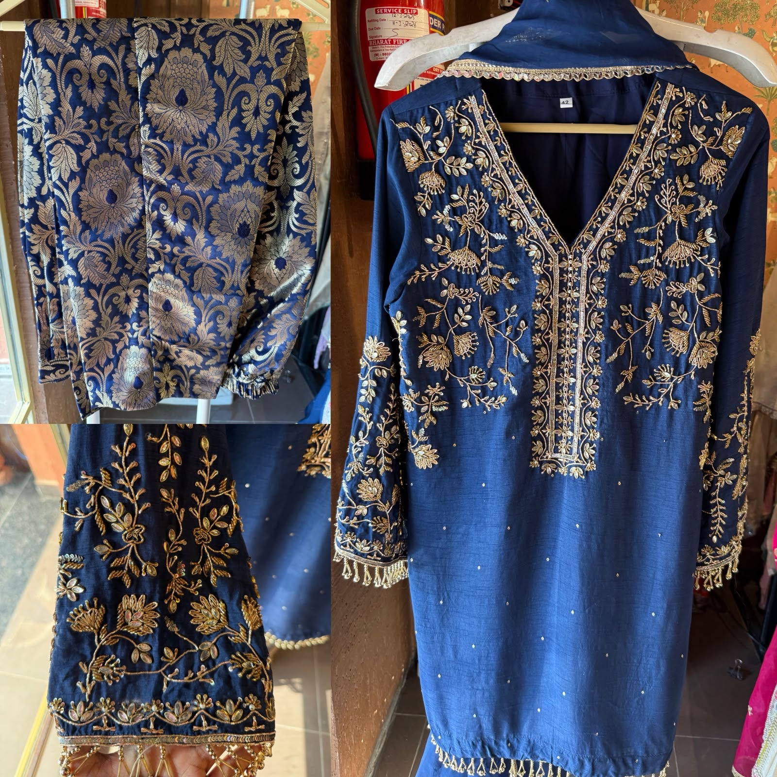 Navy Blue Raw silk Embroidered Kurta Set