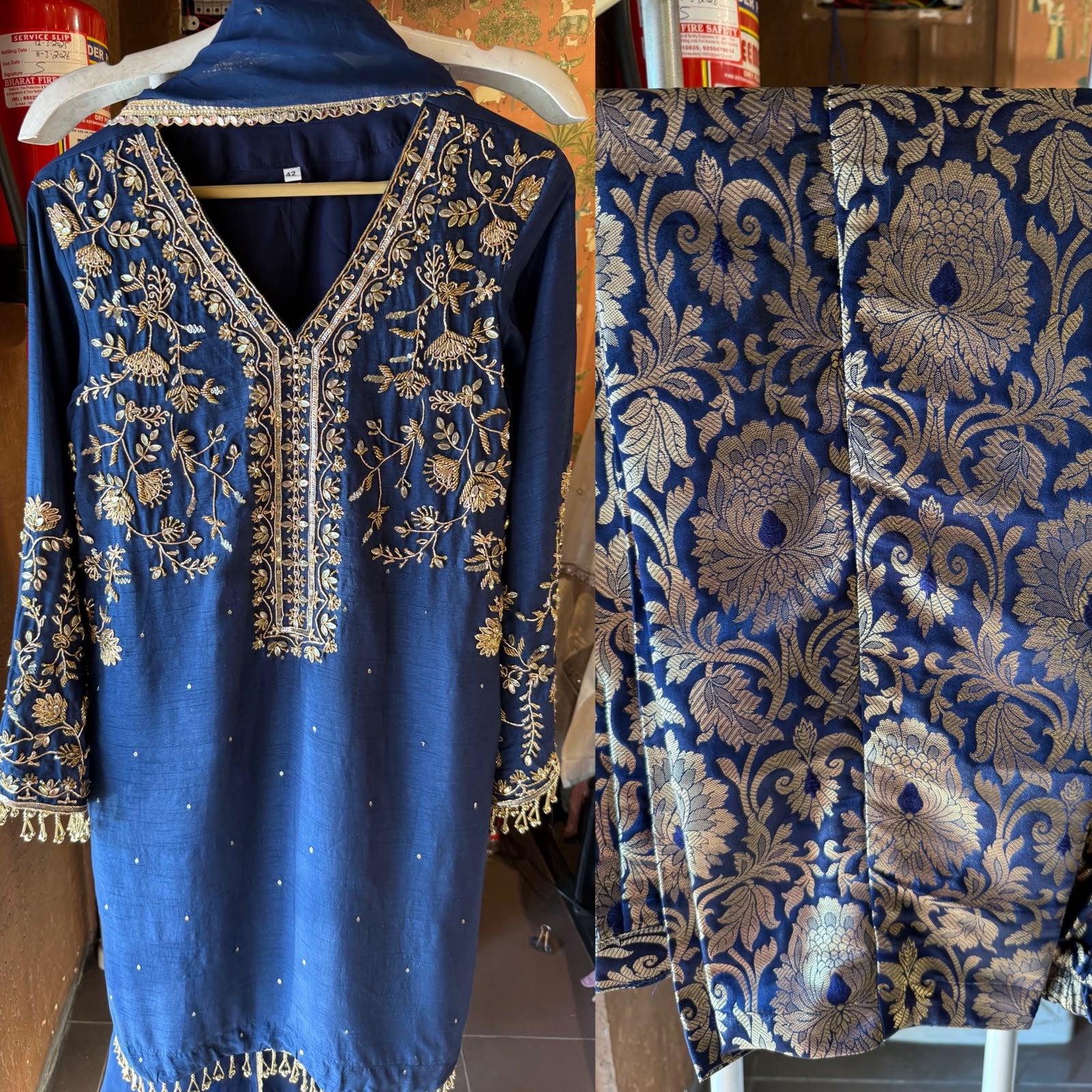 Navy Blue Raw silk Embroidered Kurta Set