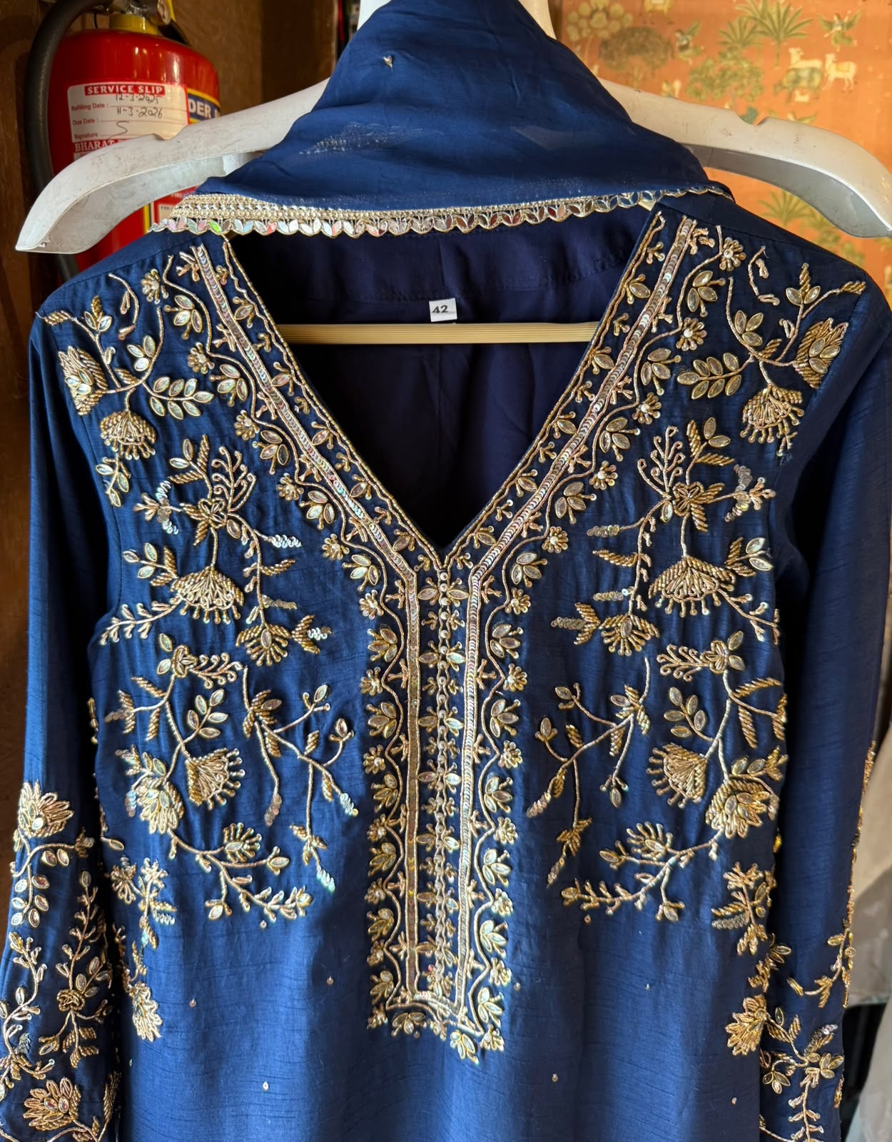Navy Blue Raw silk Embroidered Kurta Set