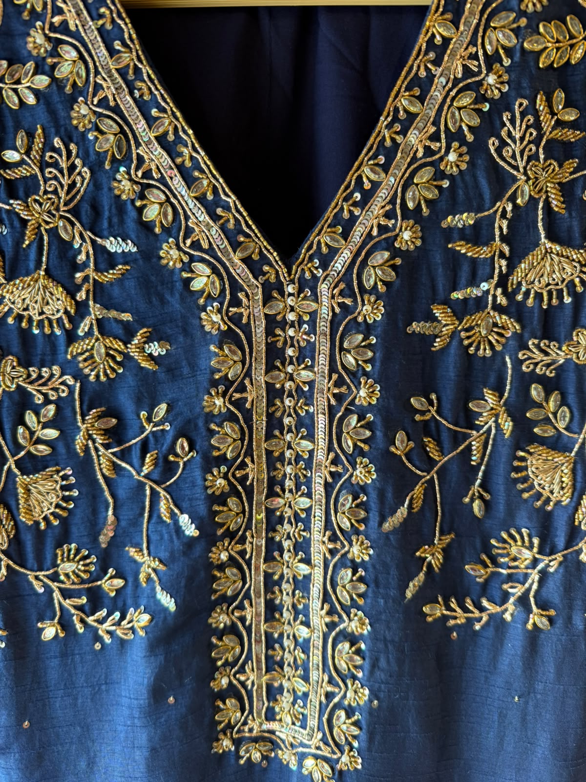 Navy Blue Raw silk Embroidered Kurta Set