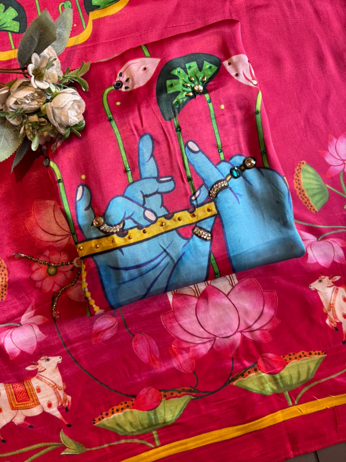 Krishna Pichwai Printed unstitched Suit set