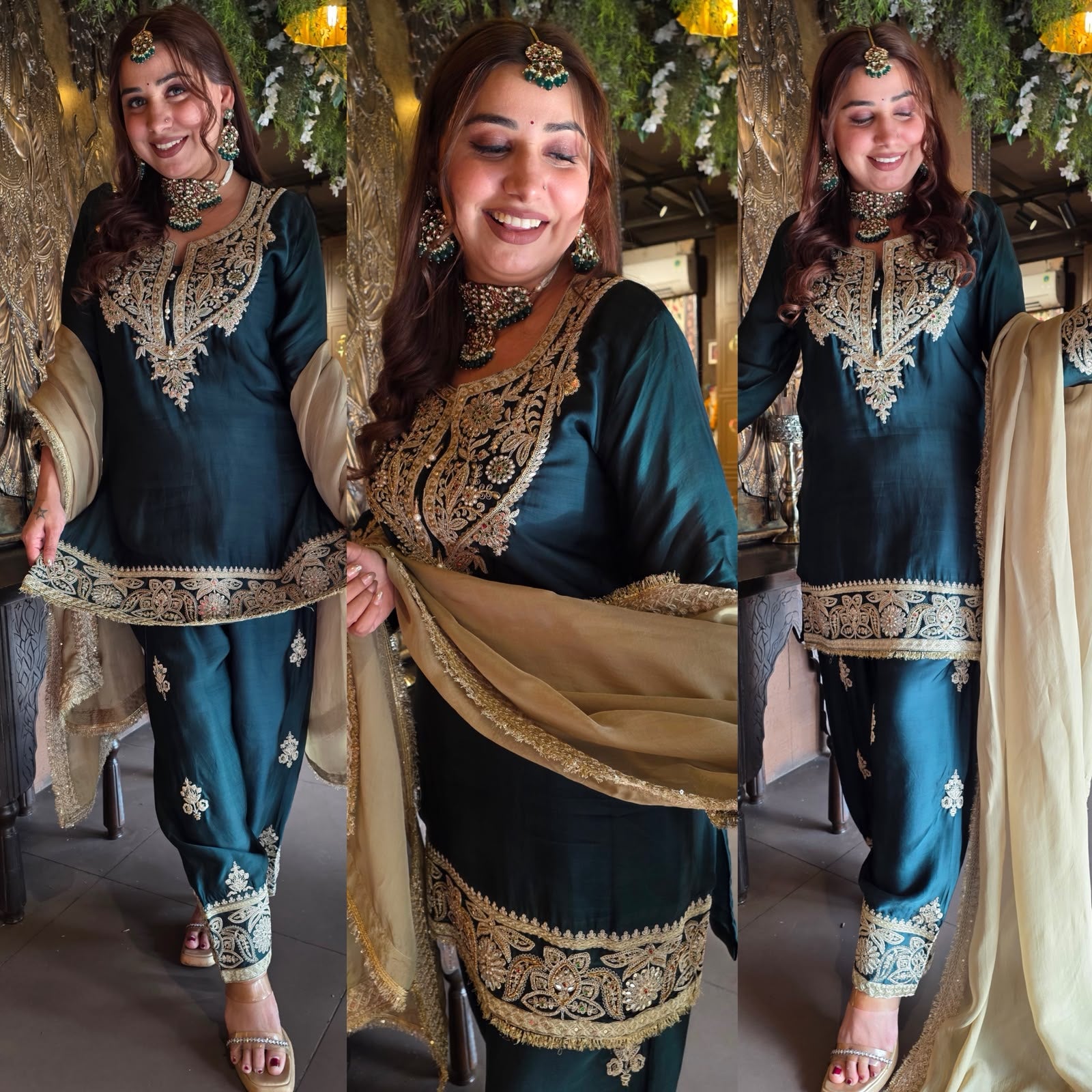 Handcrafted Designer Suit Set With contrast bottoms and Farshi salwar