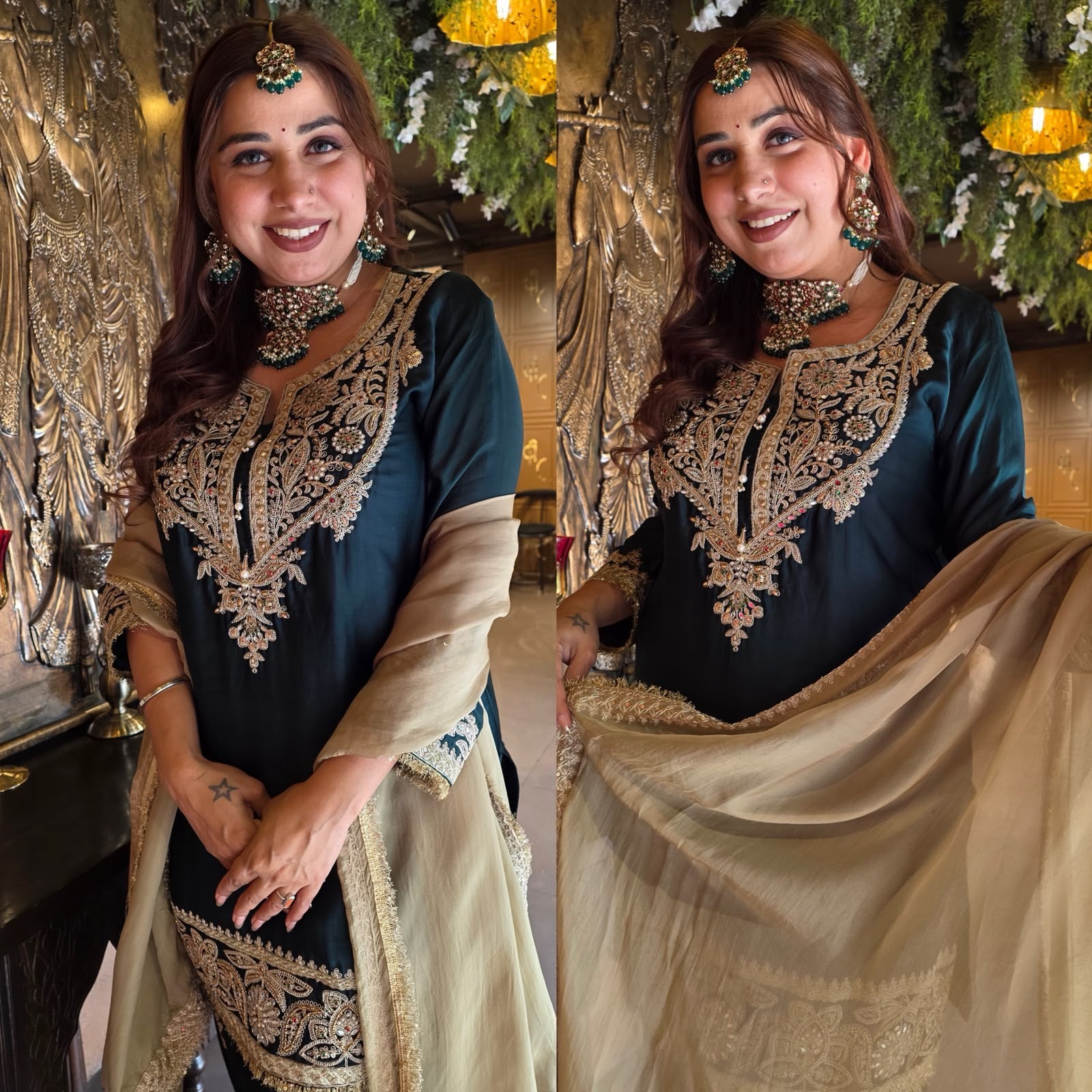 Handcrafted Designer Suit Set With contrast bottoms and Farshi salwar