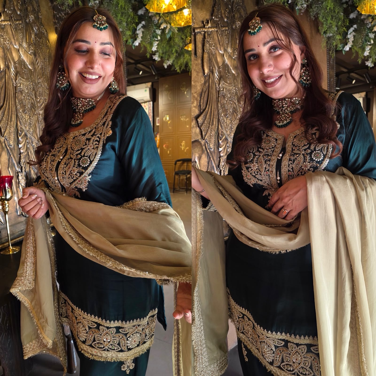 Handcrafted Designer Suit Set With contrast bottoms and Farshi salwar