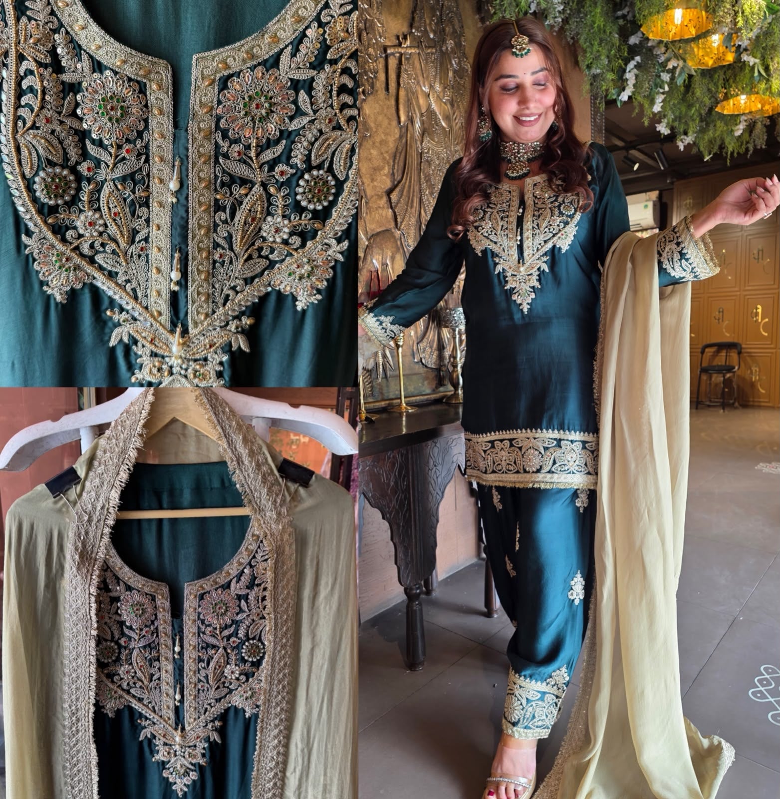 Handcrafted Designer Suit Set With contrast bottoms and Farshi salwar