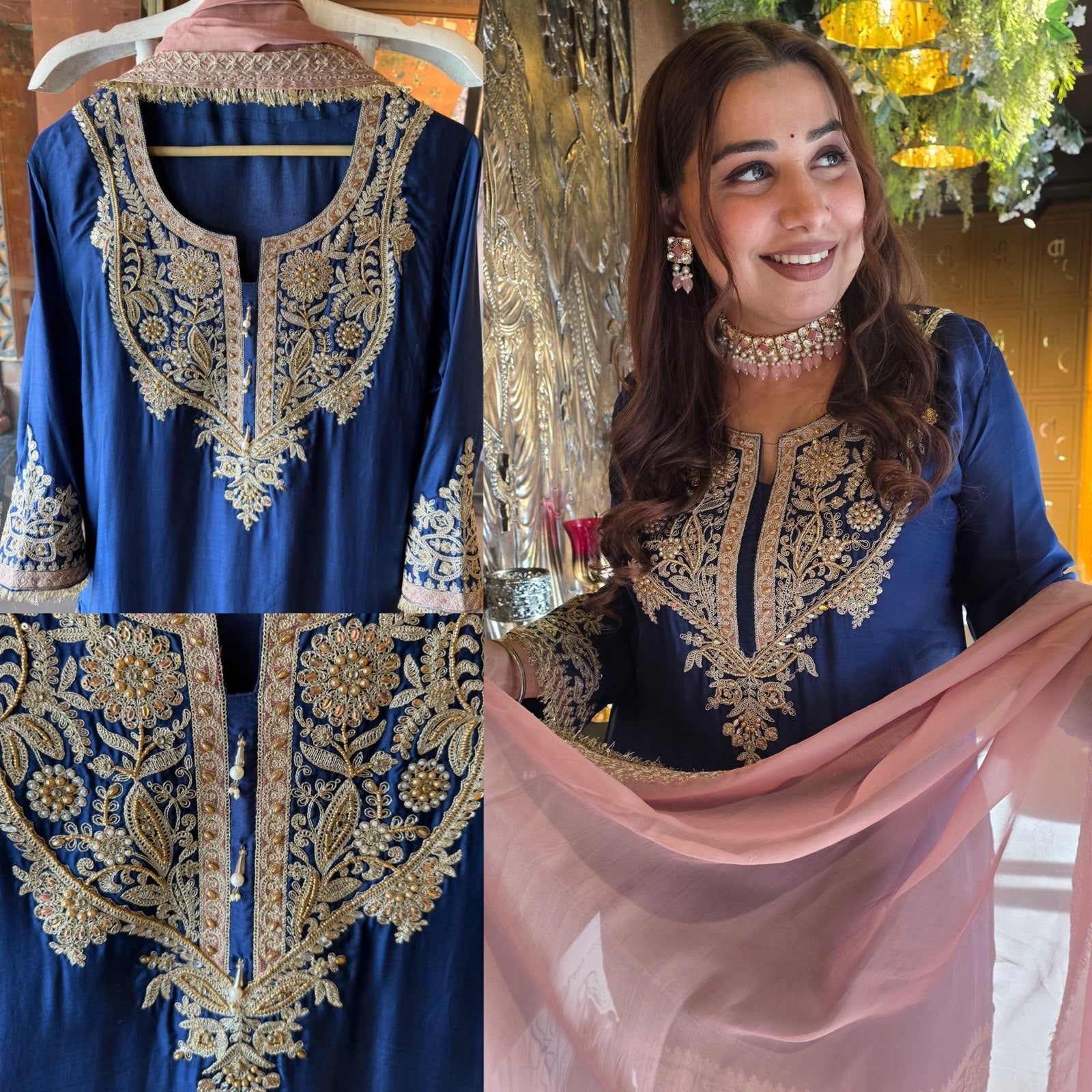 Handcrafted Designer Suit Set With contrast bottoms and Farshi salwar