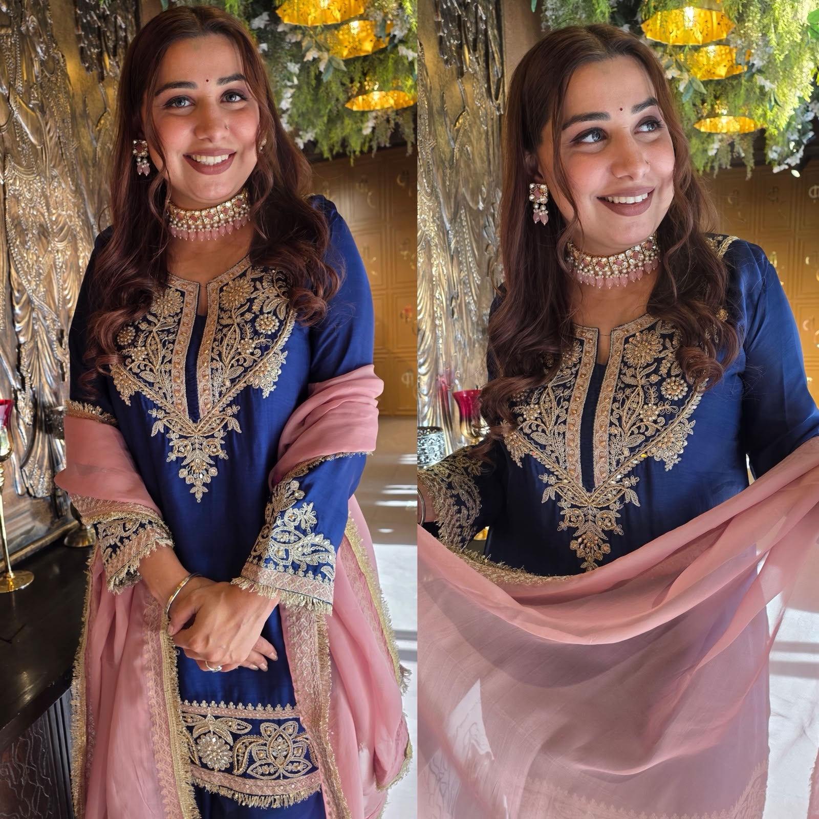 Handcrafted Designer Suit Set With contrast bottoms and Farshi salwar