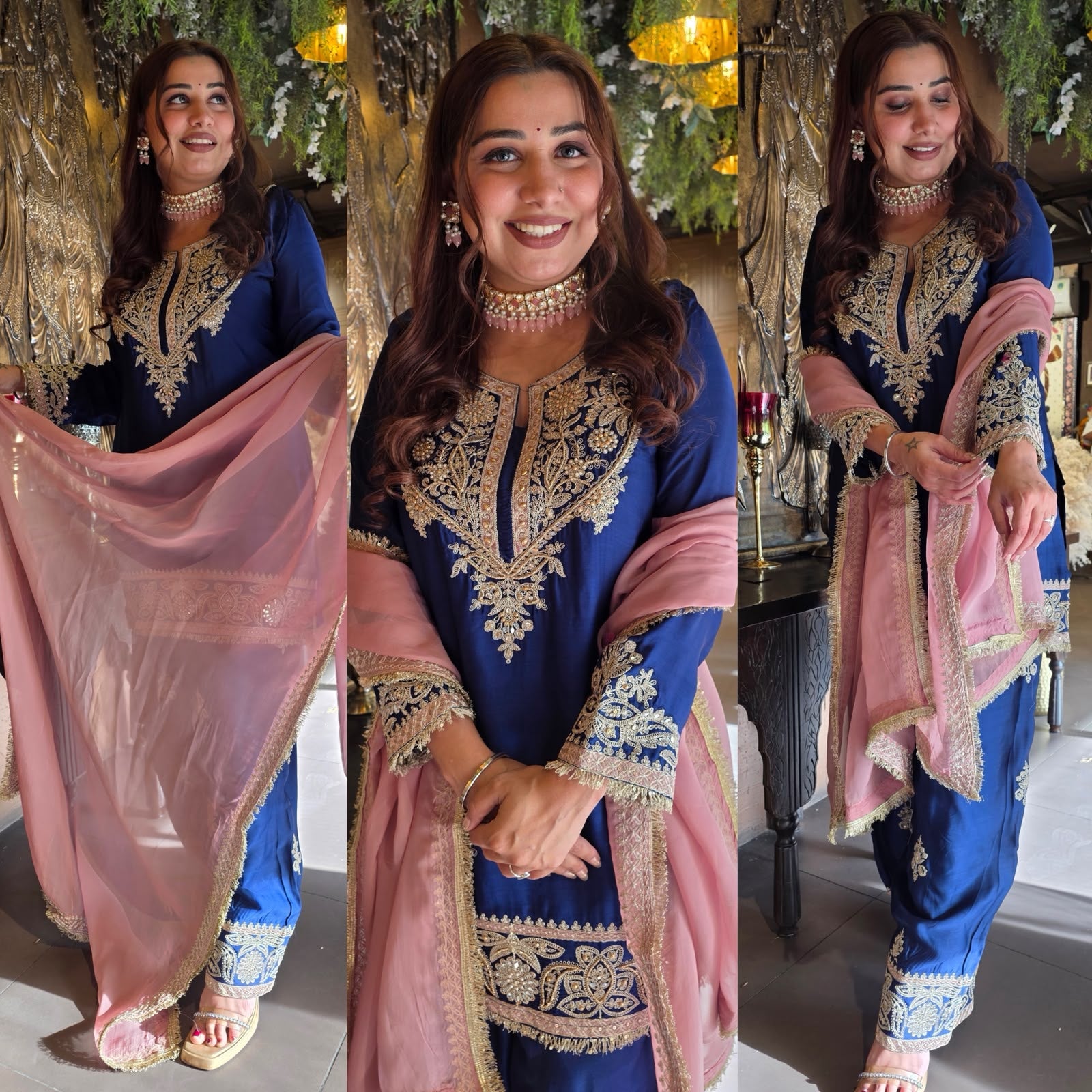 Handcrafted Designer Suit Set With contrast bottoms and Farshi salwar