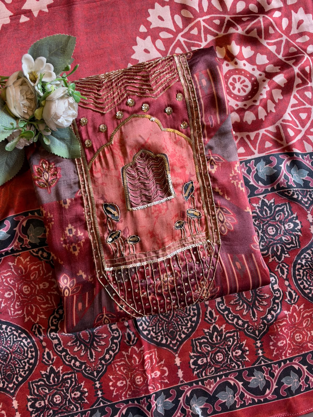 PURE GAJJI SILK AJRAKH PRINTED UNSTITCHED SUIT