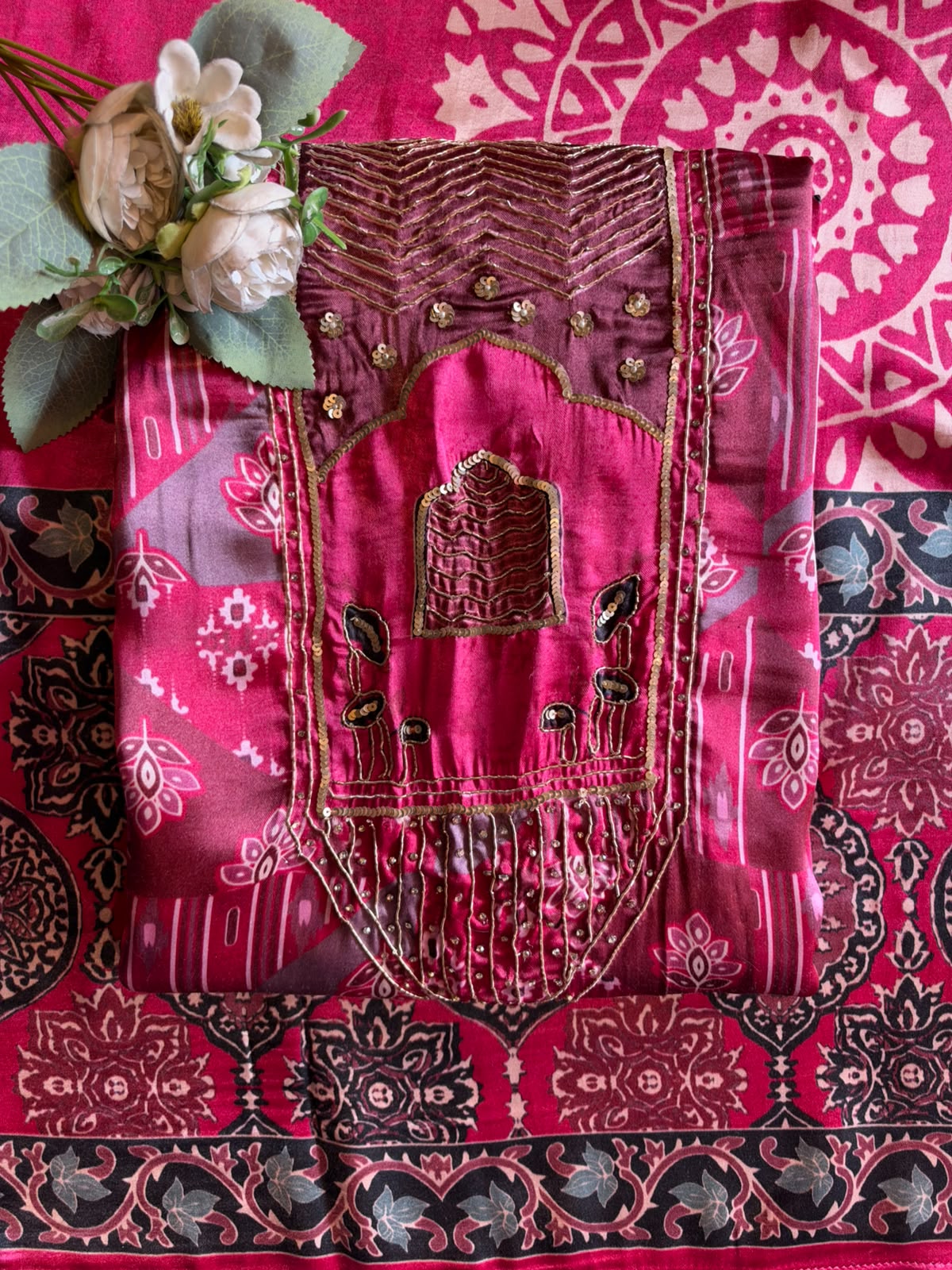 PURE GAJJI SILK AJRAKH PRINTED UNSTITCHED SUIT
