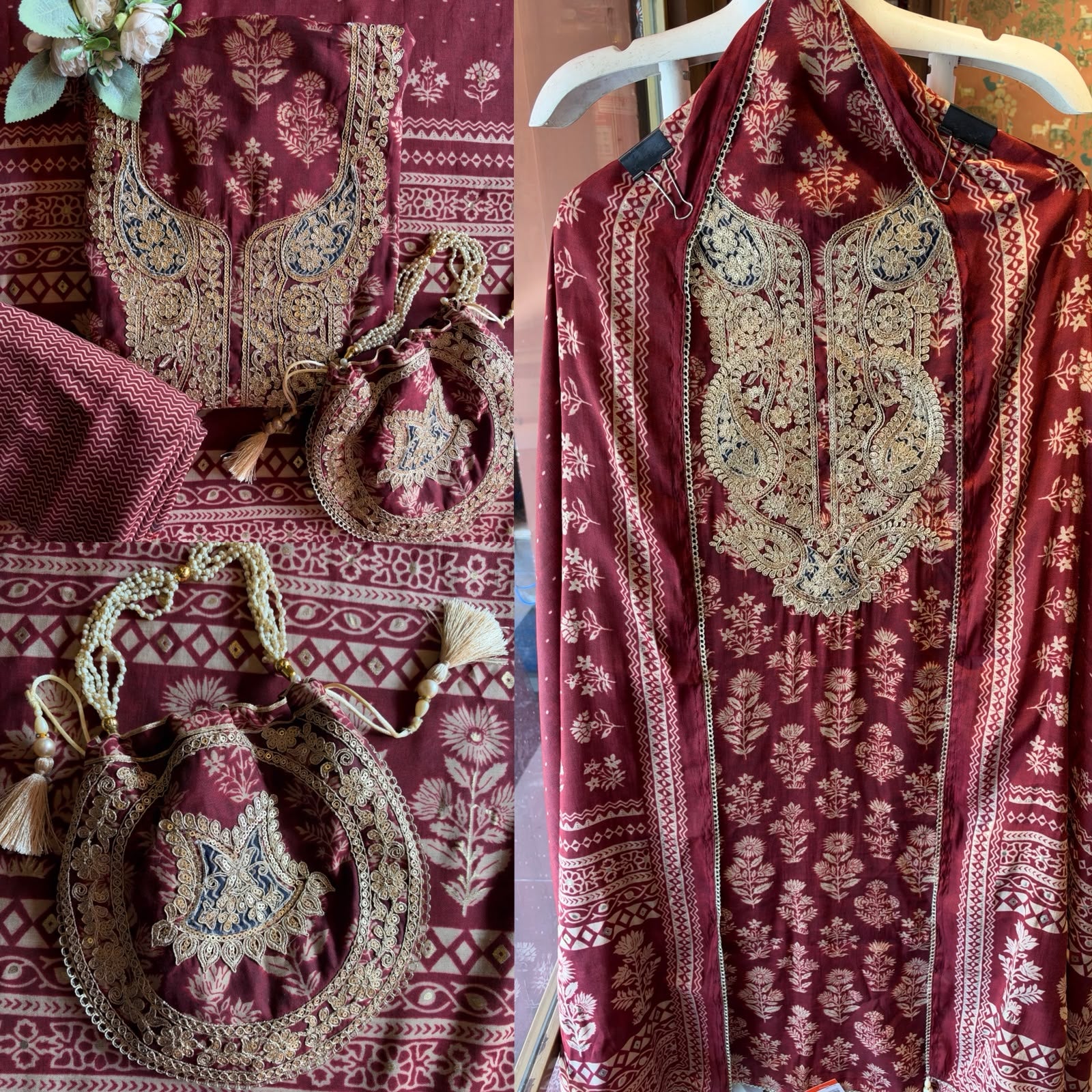 Ajrakh Printed Suit Set with Embroidered Potli