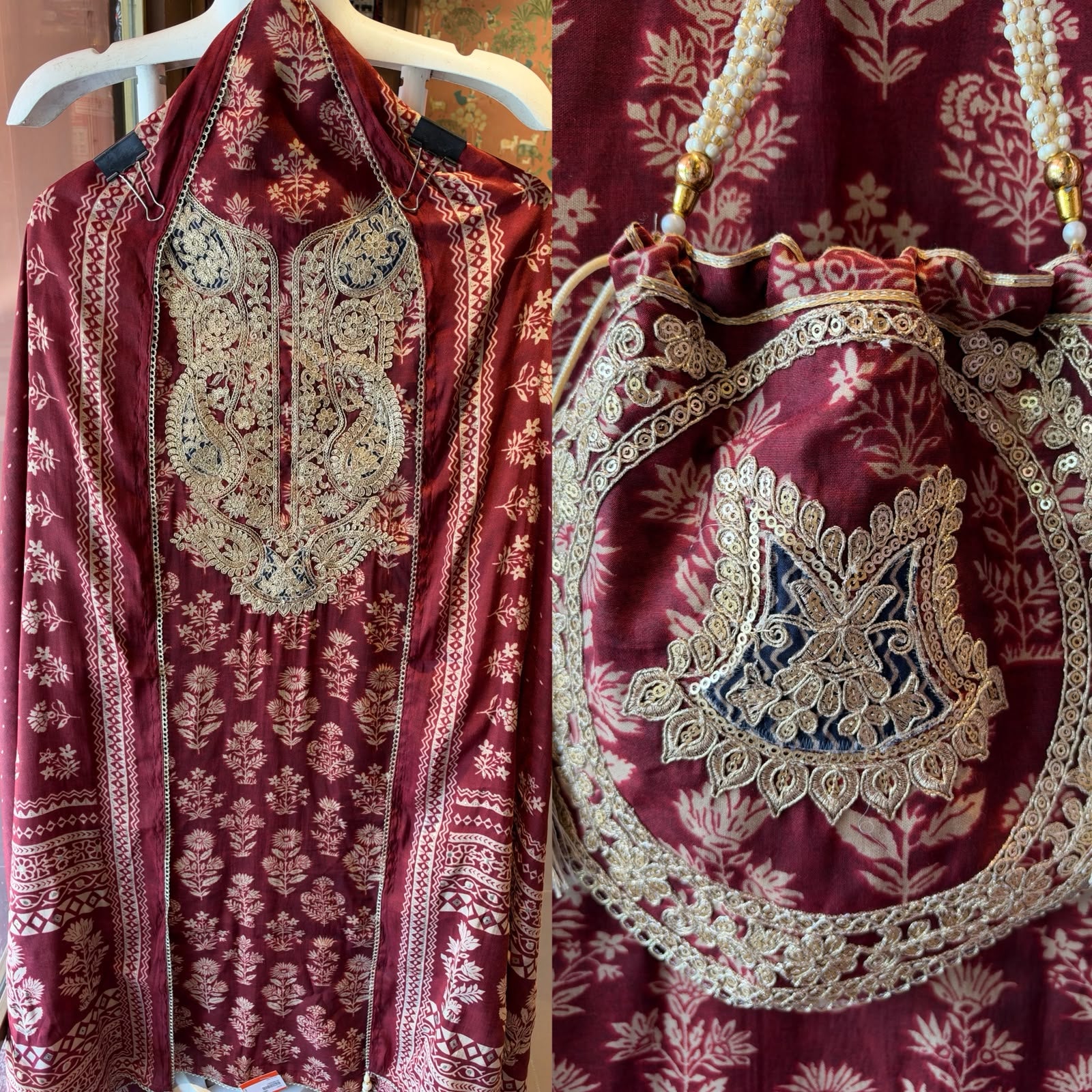 Ajrakh Printed Suit Set with Embroidered Potli