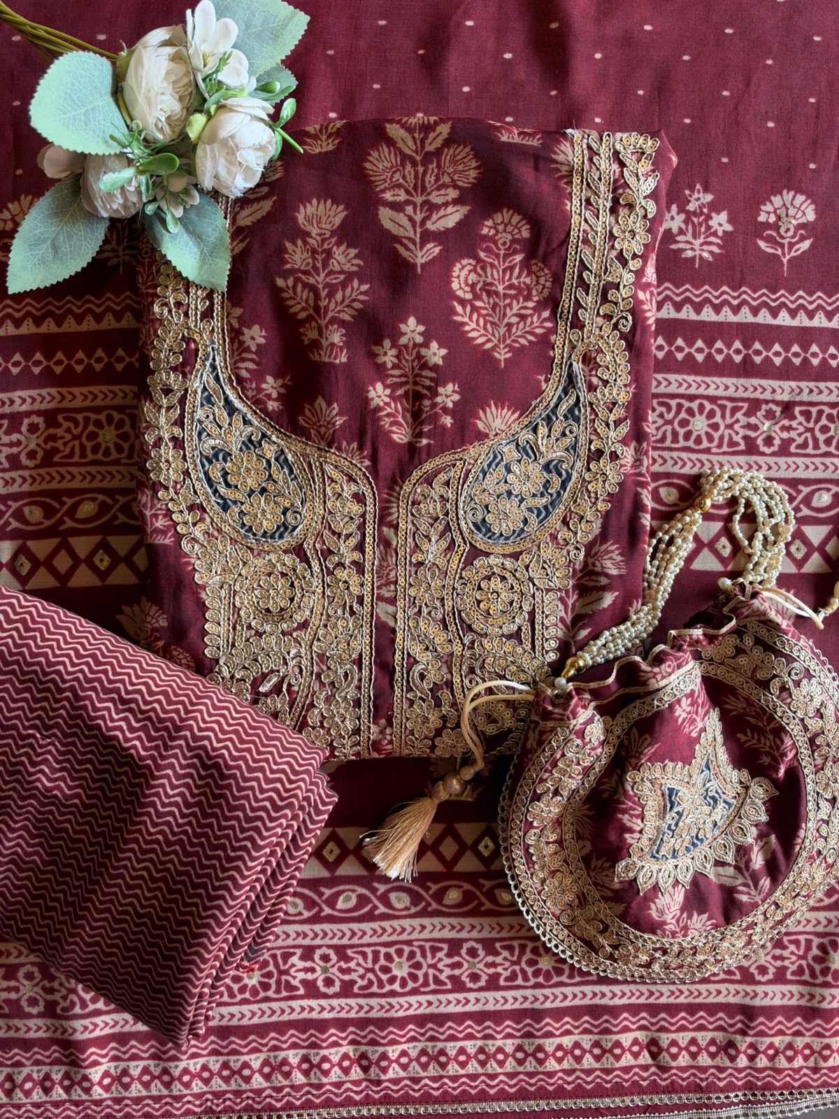 Ajrakh Printed Suit Set with Embroidered Potli