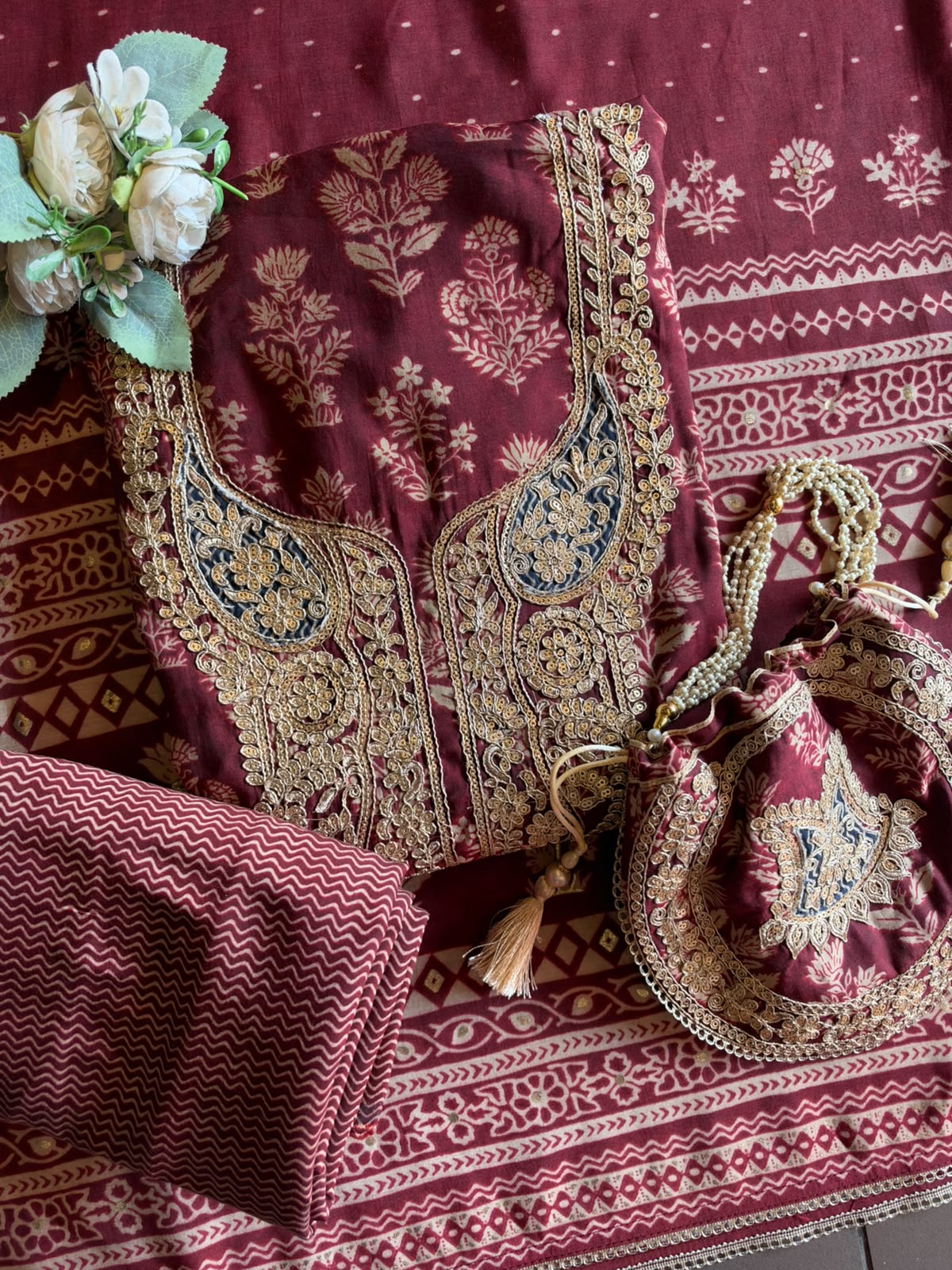 Ajrakh Printed Suit Set with Embroidered Potli