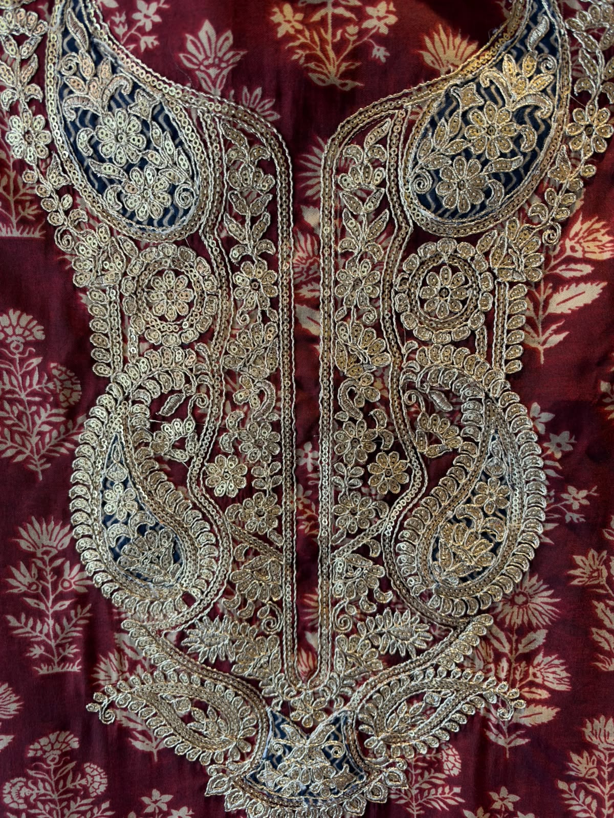 Ajrakh Printed Suit Set with Embroidered Potli