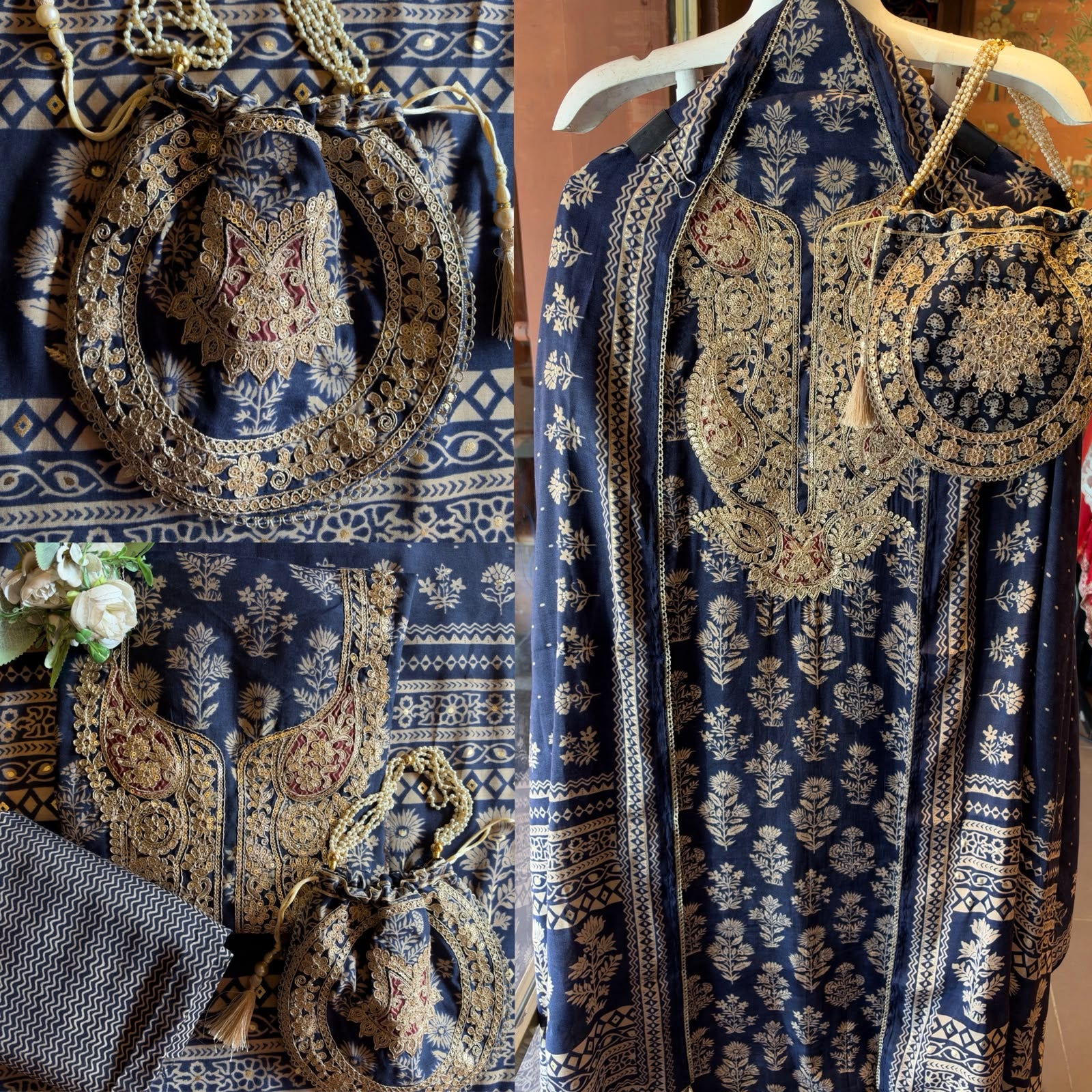 Ajrakh Printed Suit Set with Embroidered Potli