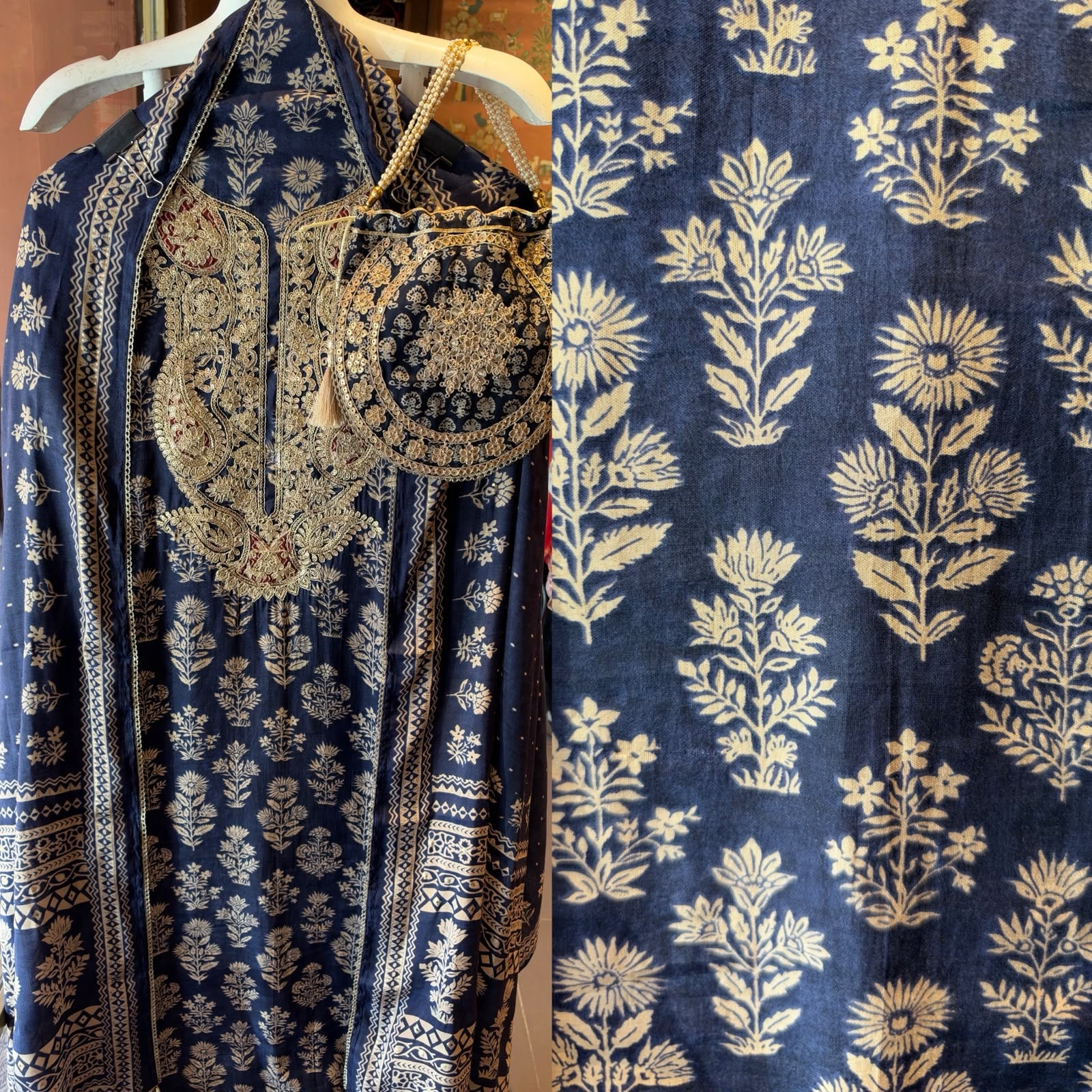 Ajrakh Printed Suit Set with Embroidered Potli