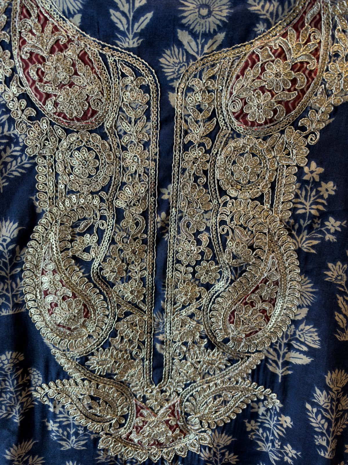 Ajrakh Printed Suit Set with Embroidered Potli