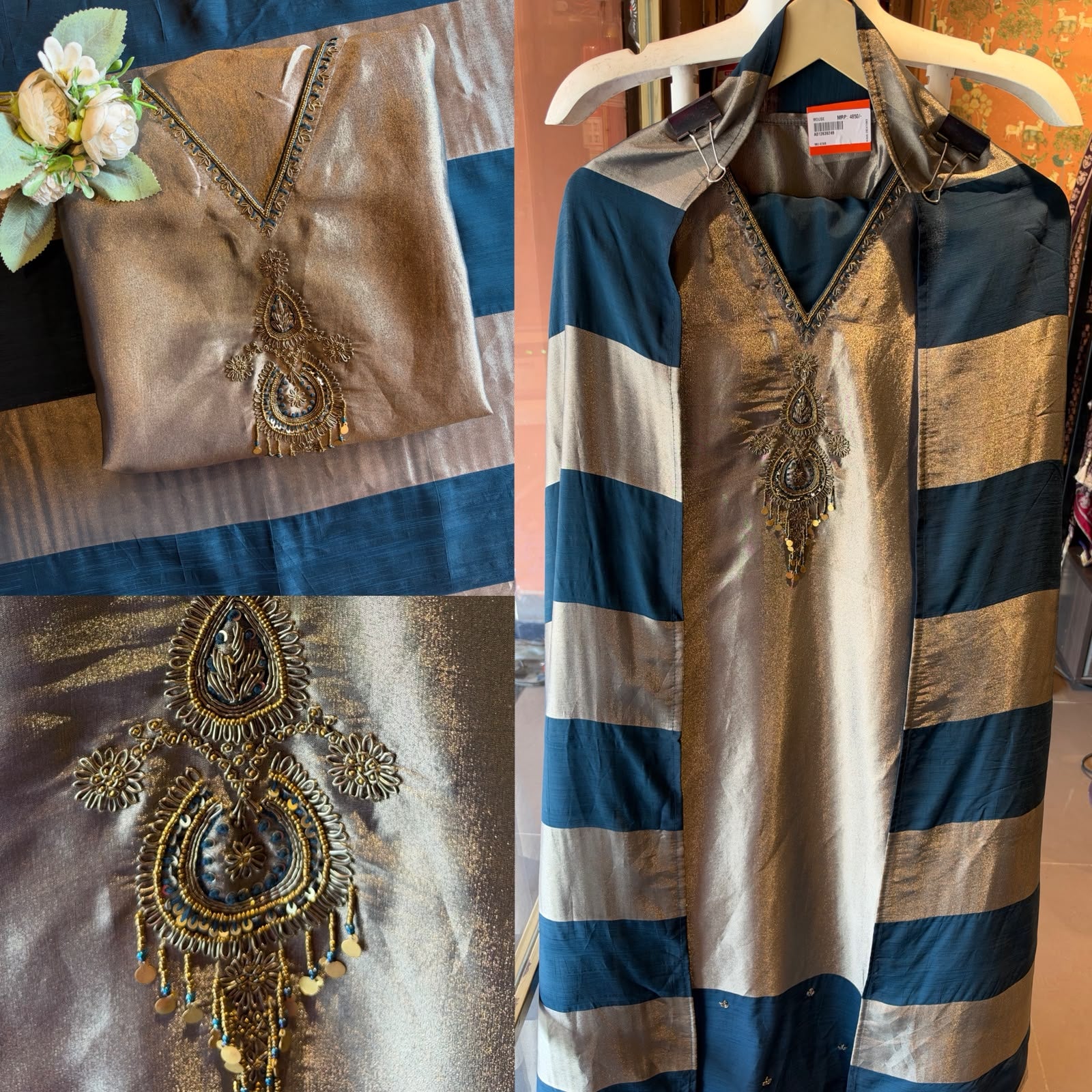 Metallic Gold & Teal Suit set with a luxurious sheen