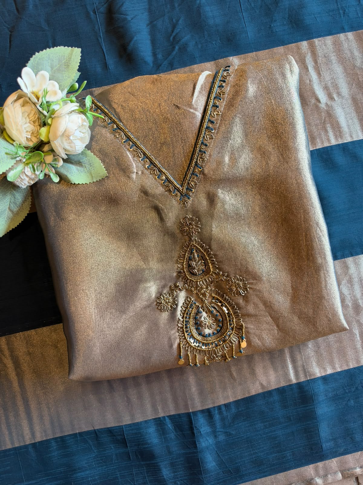 Metallic Gold & Teal Suit set with a luxurious sheen