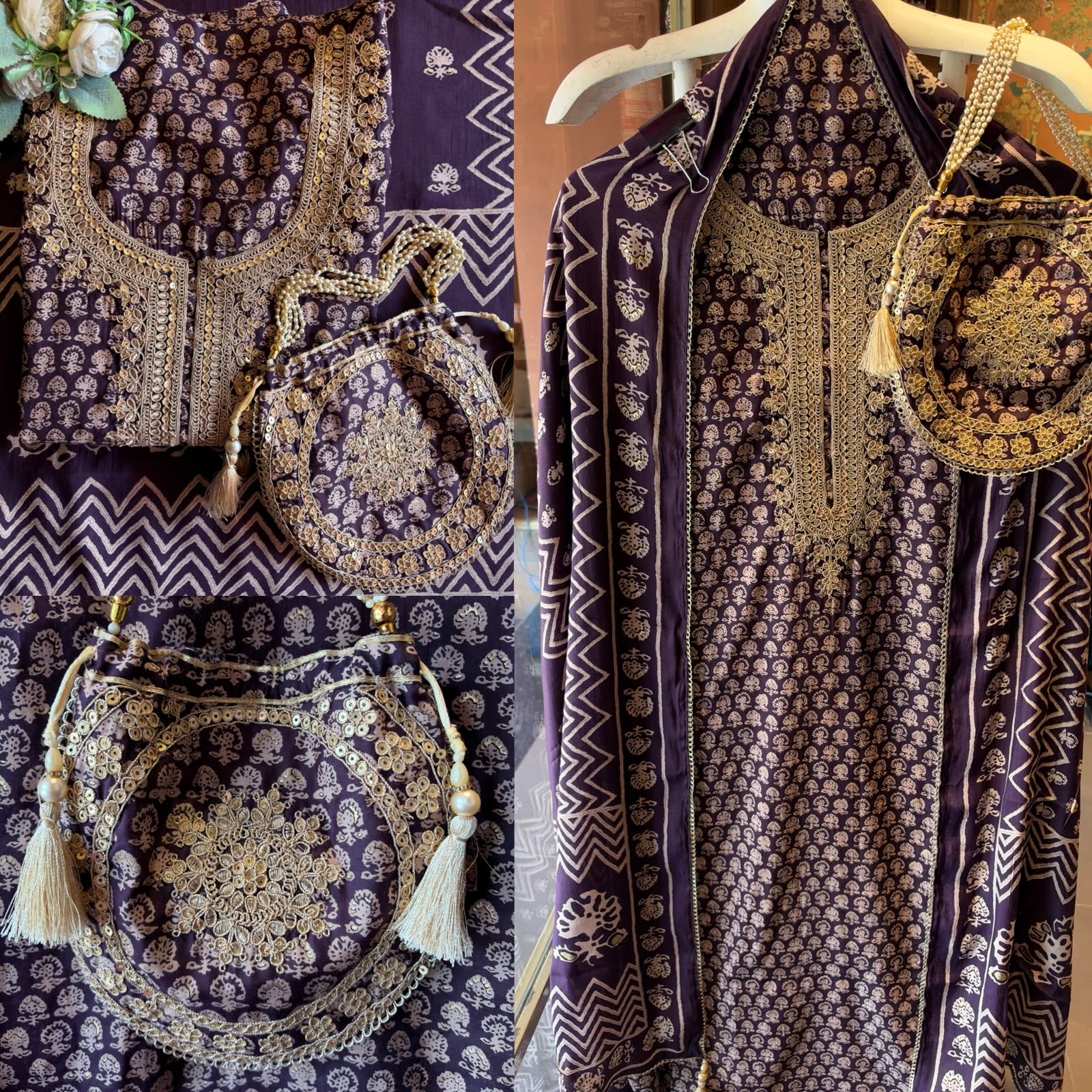 Muslin cotton Printed Suit Set with Embroidered Potli