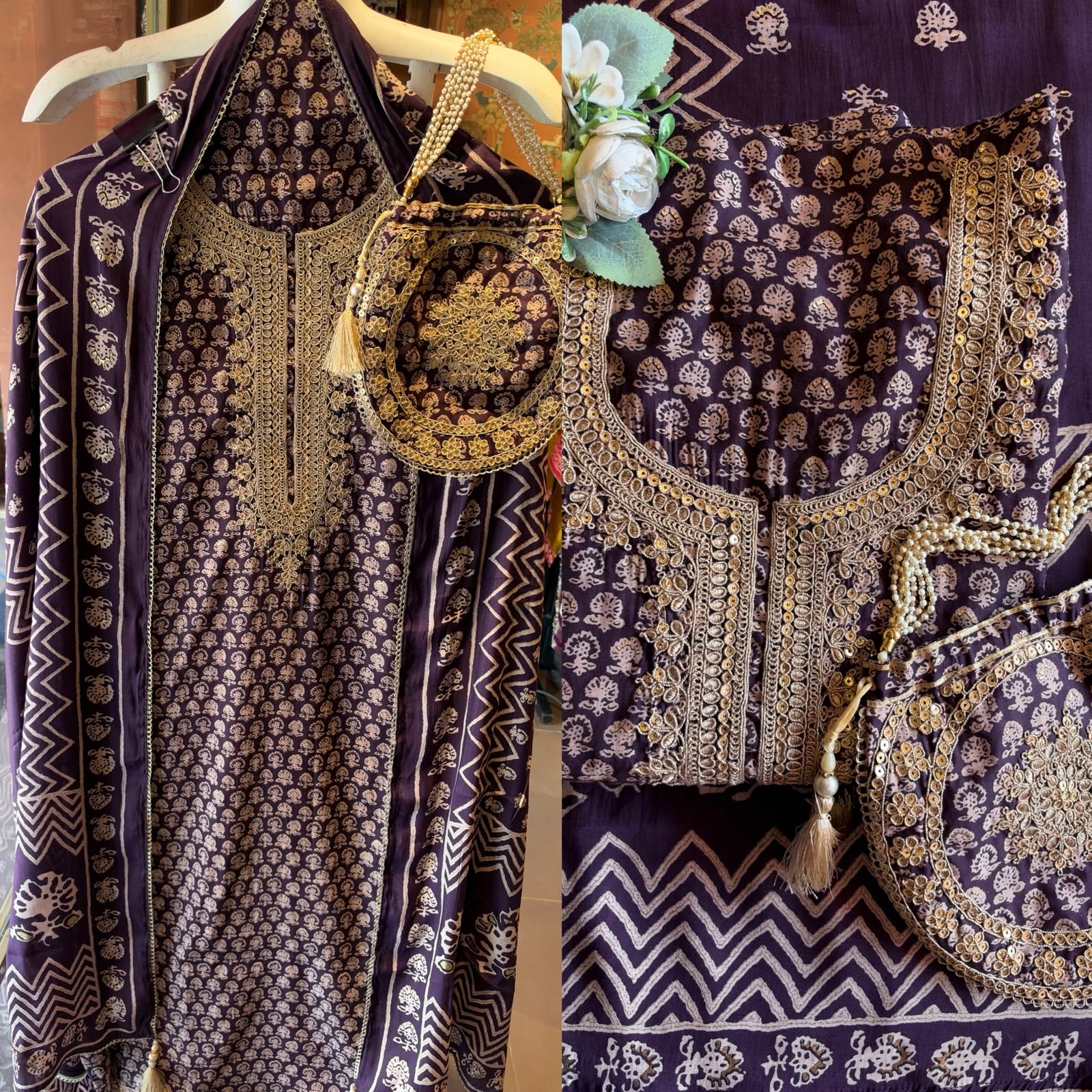 Muslin cotton Printed Suit Set with Embroidered Potli