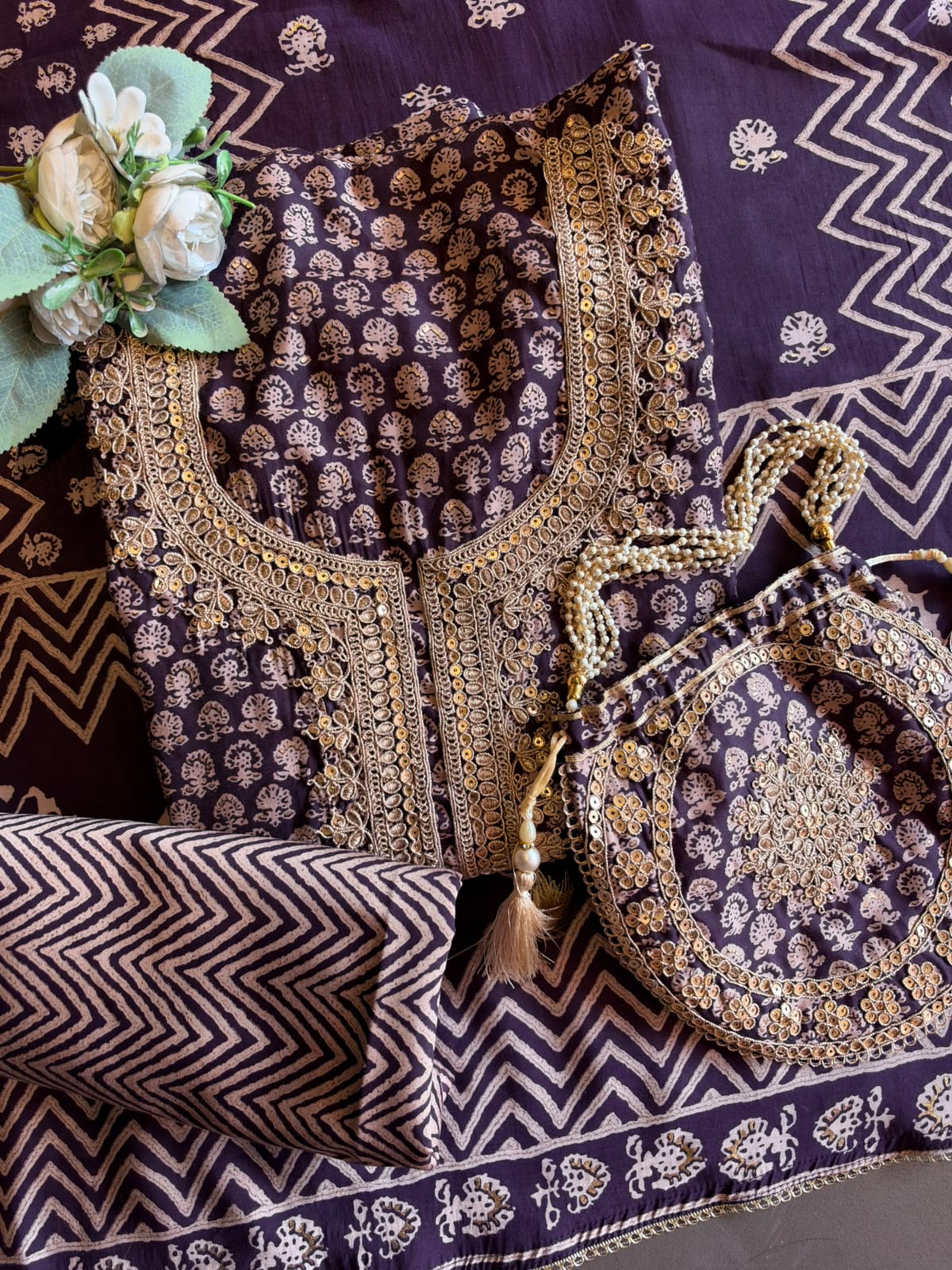 Muslin cotton Printed Suit Set with Embroidered Potli