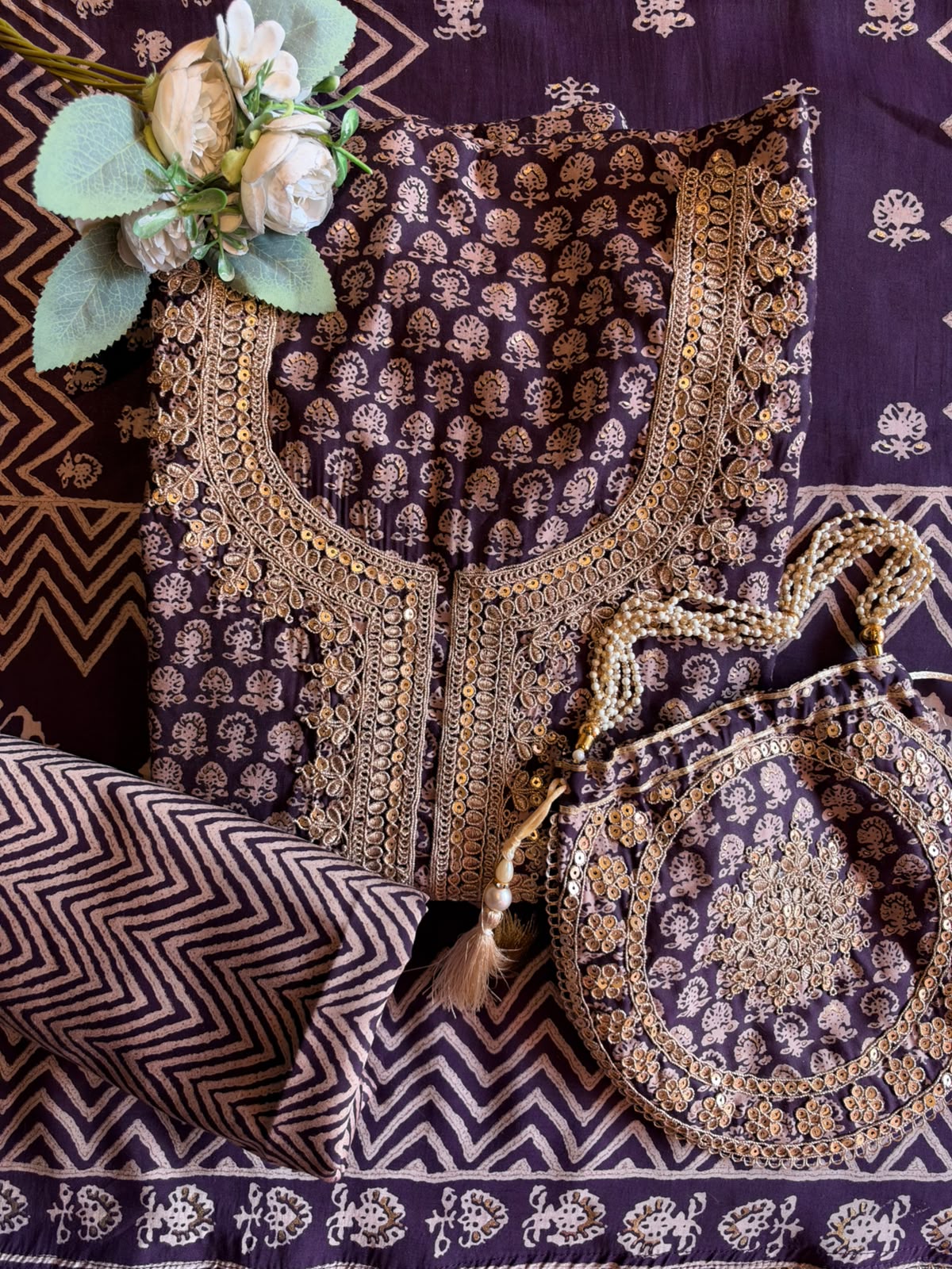 Muslin cotton Printed Suit Set with Embroidered Potli