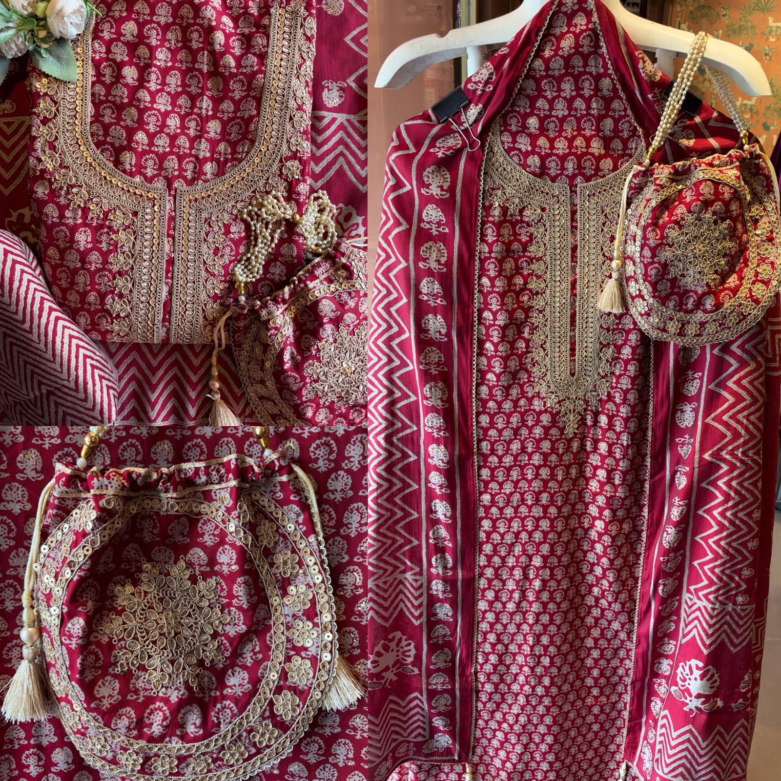 Muslin cotton Printed Suit Set with Embroidered Potli