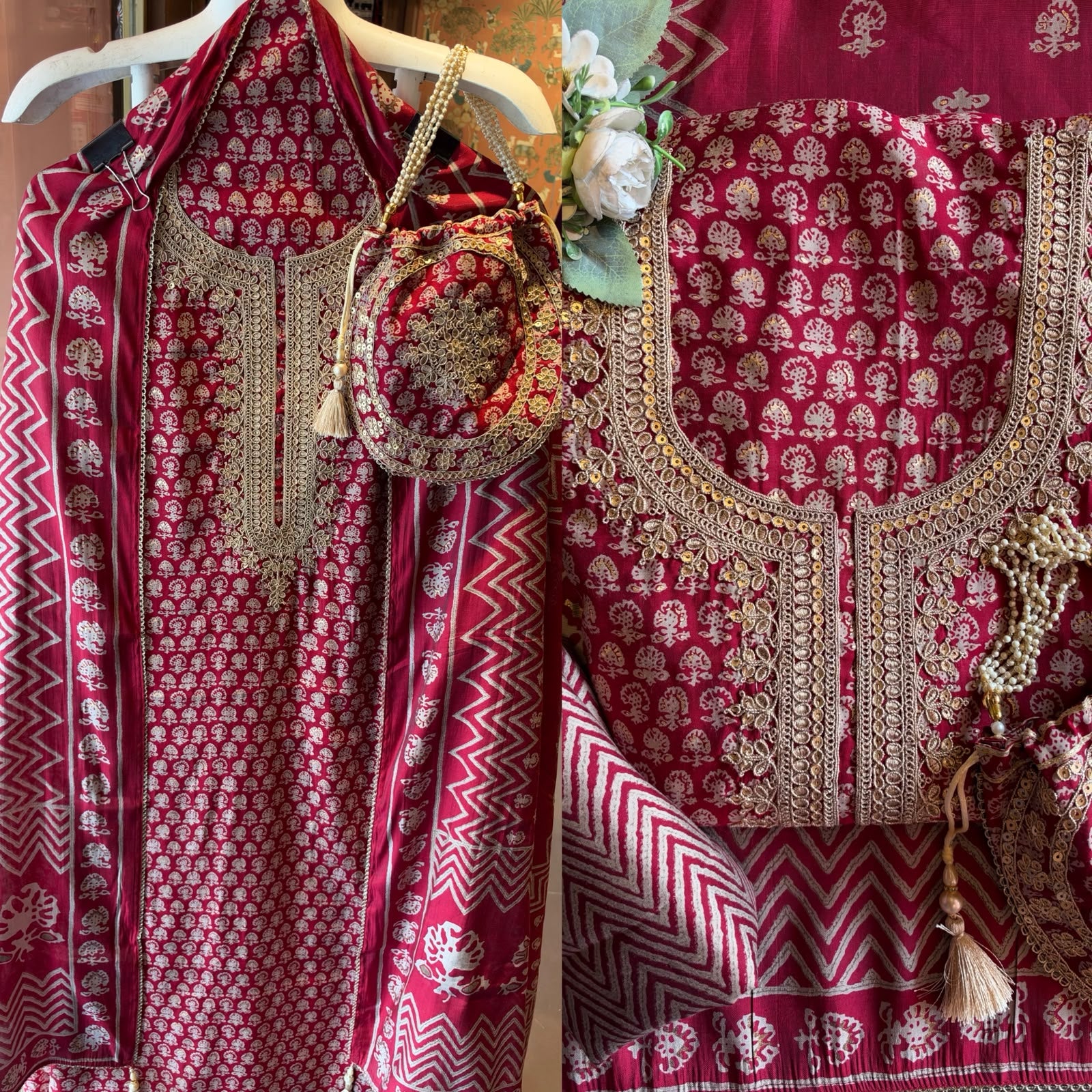 Muslin cotton Printed Suit Set with Embroidered Potli