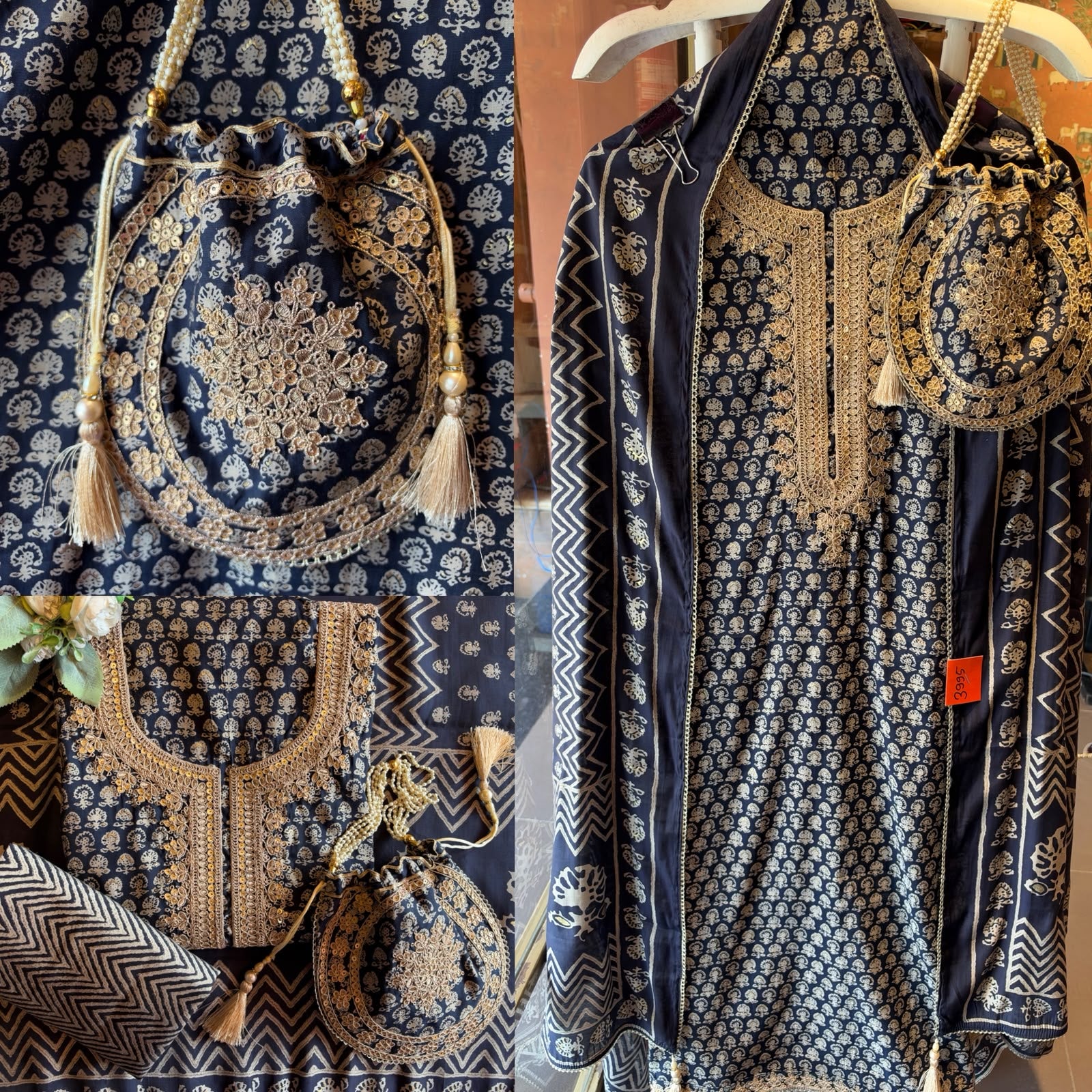 Muslin cotton Printed Suit Set with Embroidered Potli