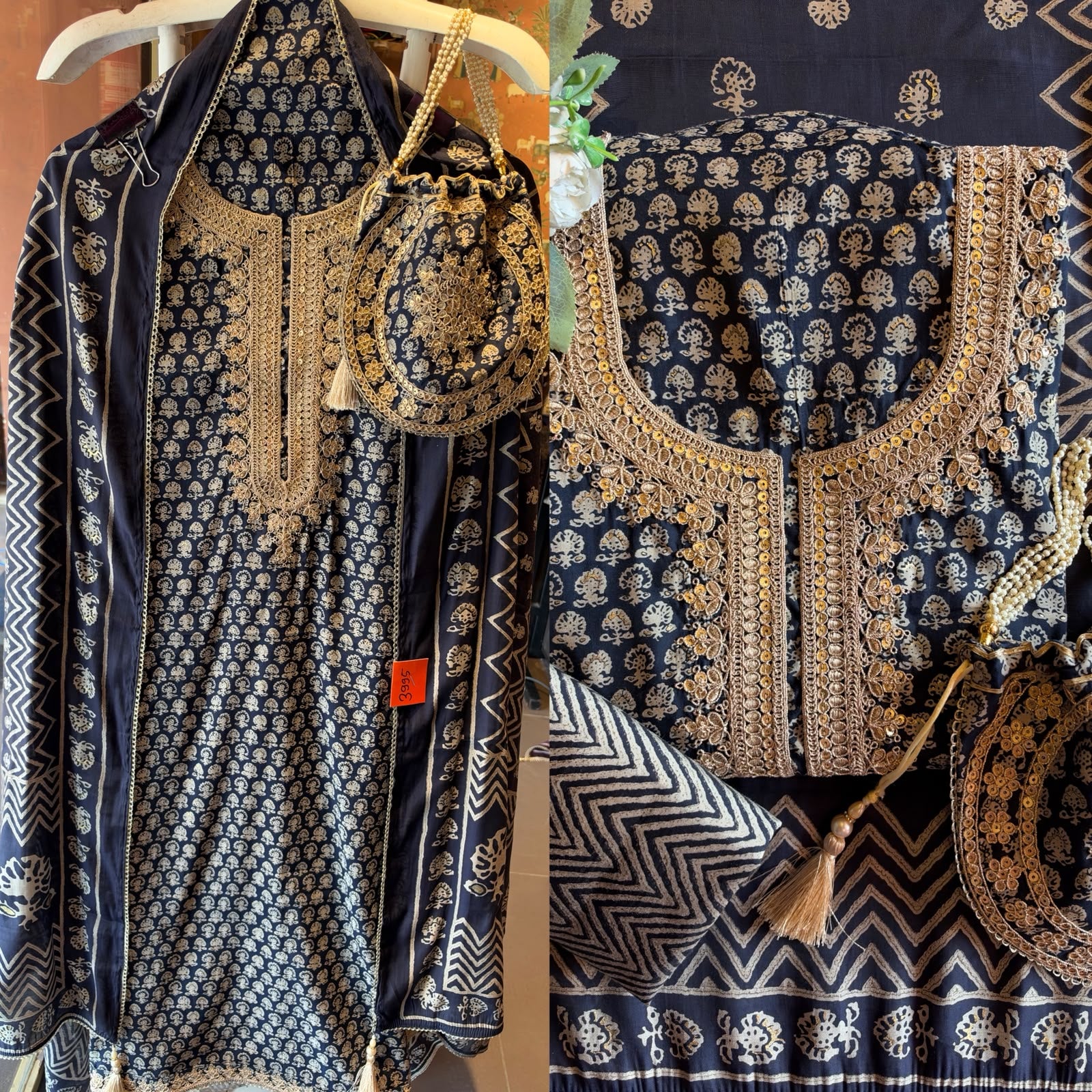 Muslin cotton Printed Suit Set with Embroidered Potli