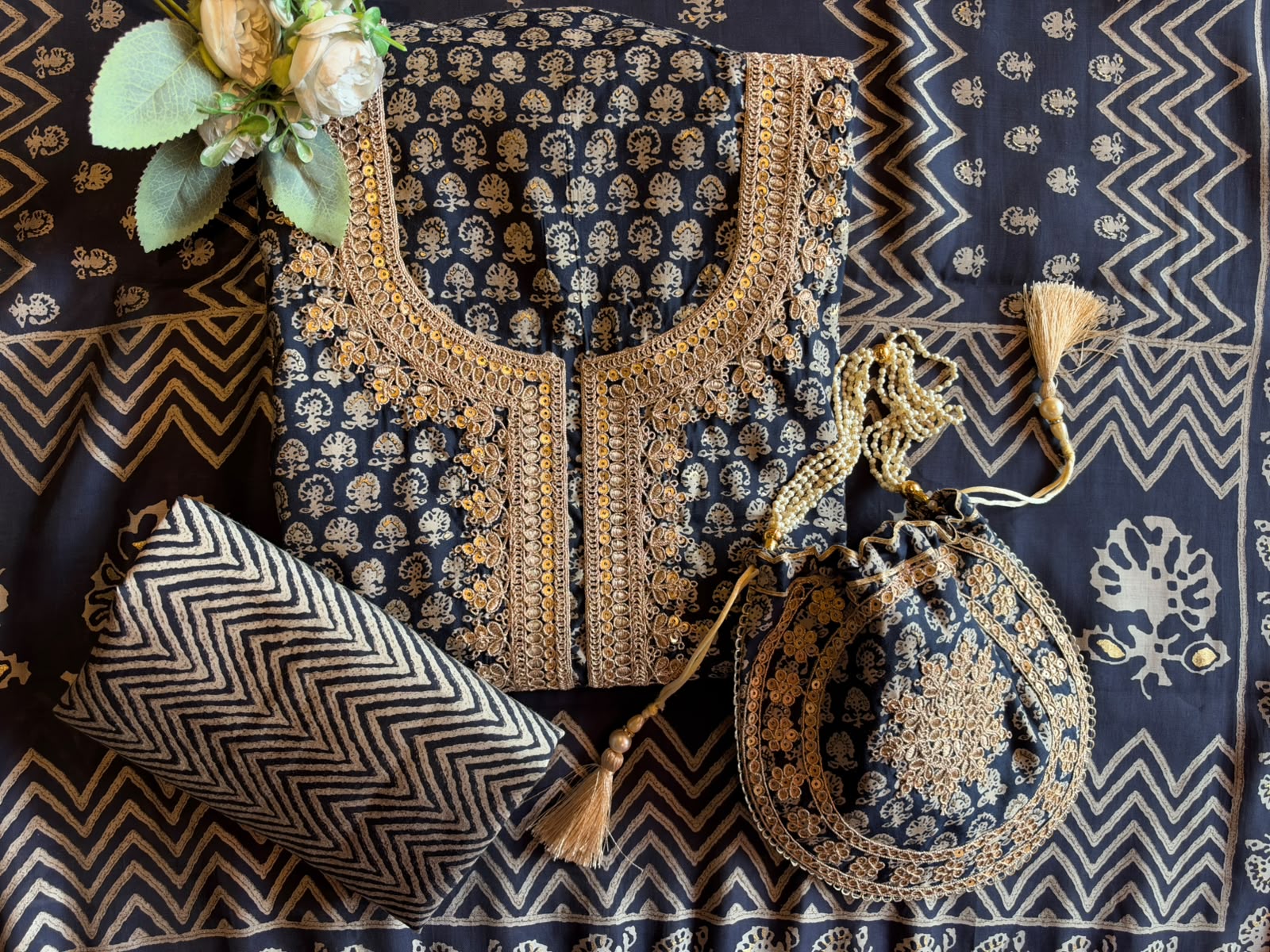 Muslin cotton Printed Suit Set with Embroidered Potli
