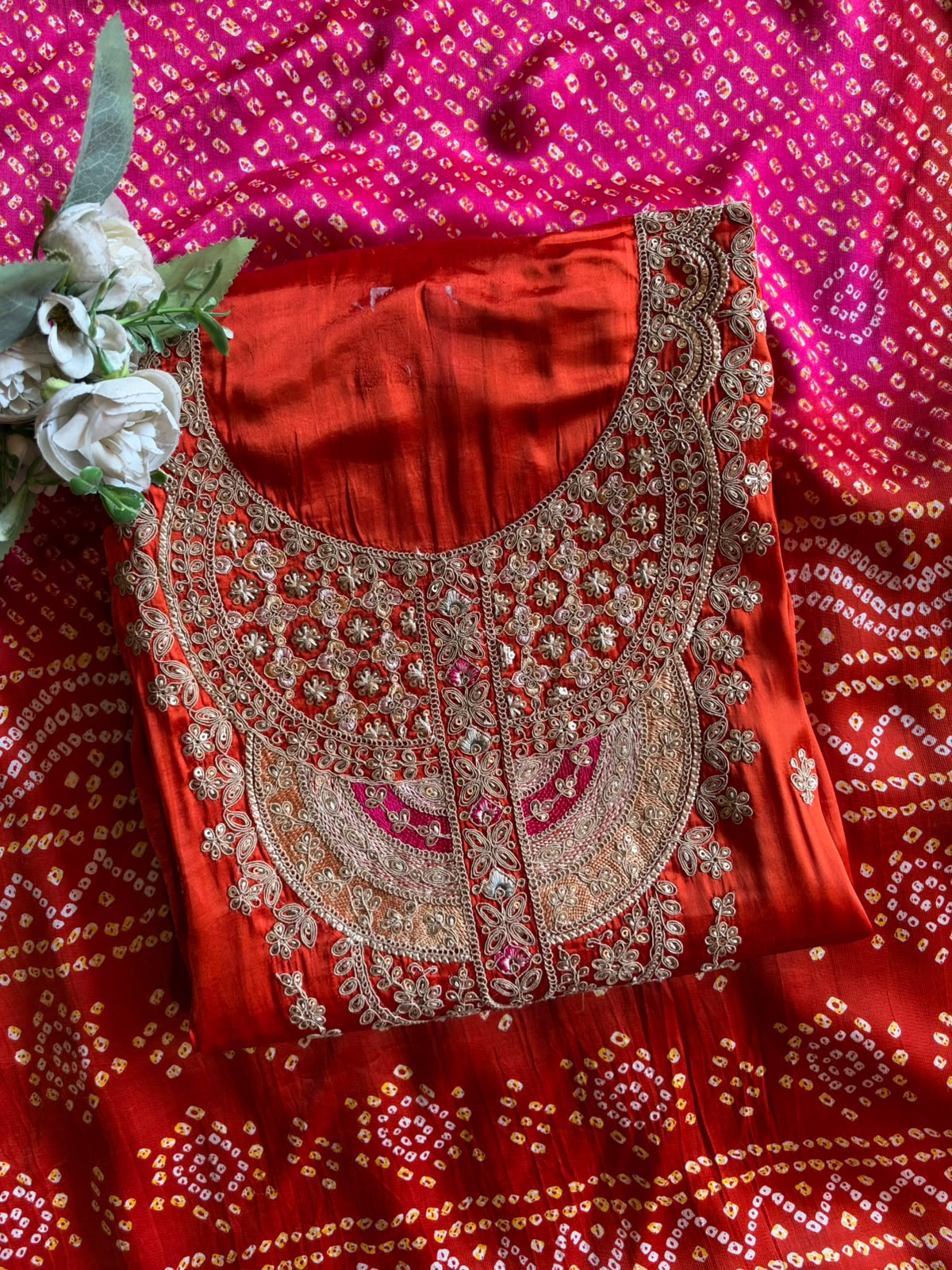 Gajji silk with ombré shading paired up with a bandhani dupatta