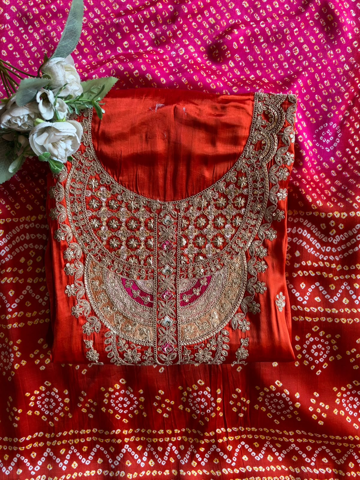 Gajji silk with ombré shading paired up with a bandhani dupatta