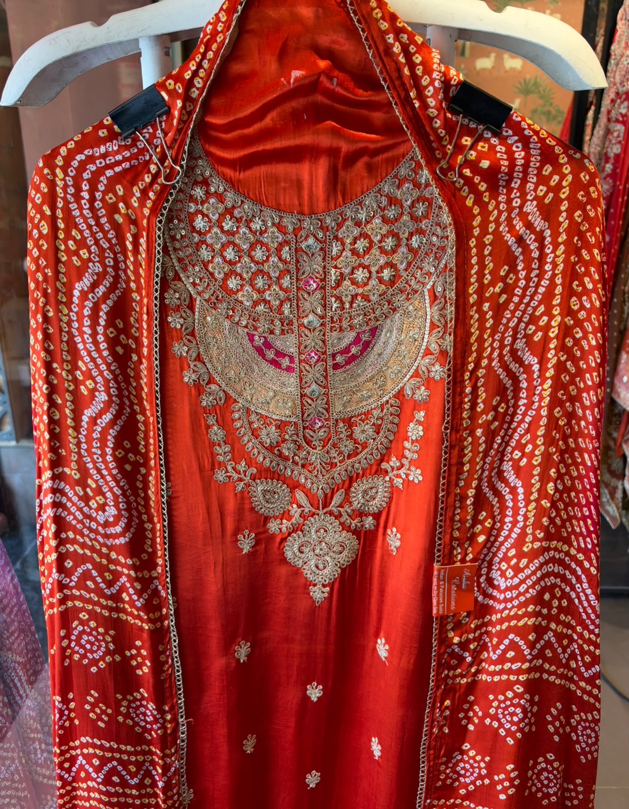 Gajji silk with ombré shading paired up with a bandhani dupatta