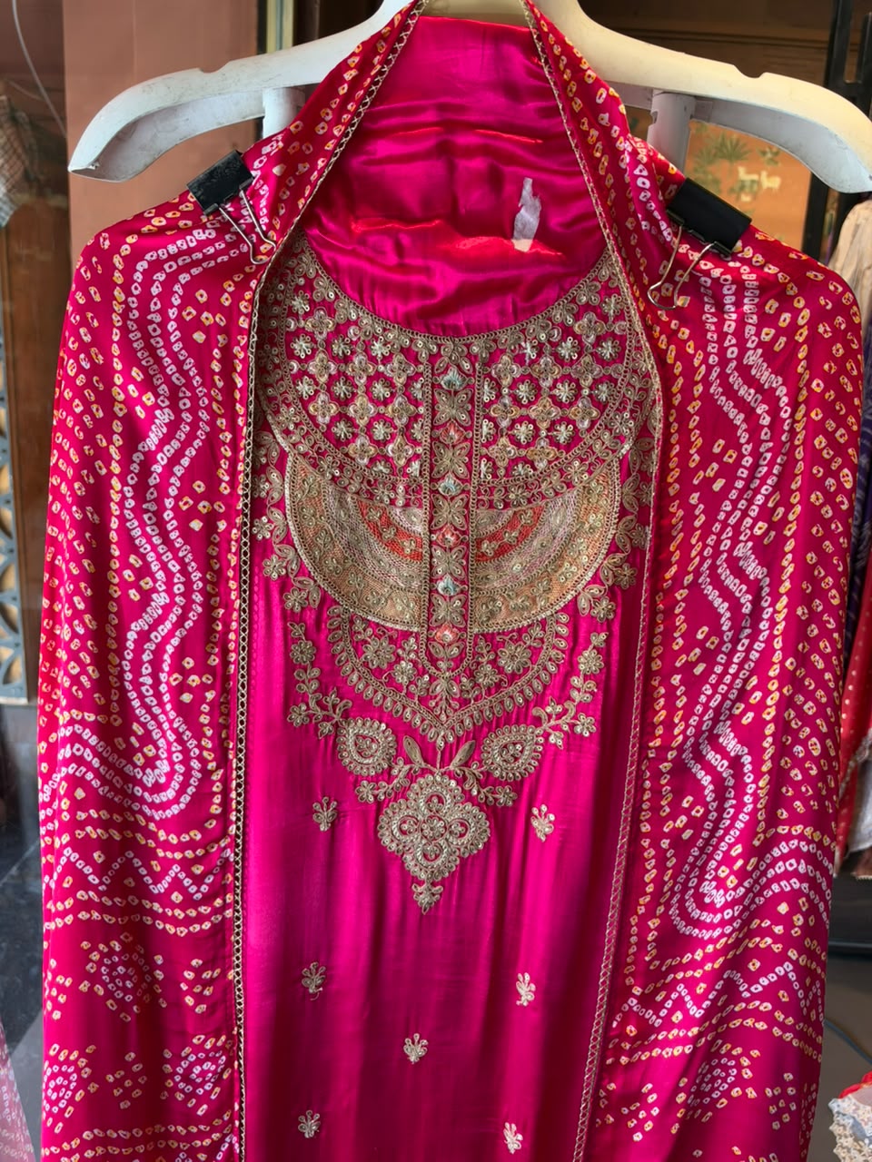 Gajji silk with ombré shading paired up with a bandhani dupatta