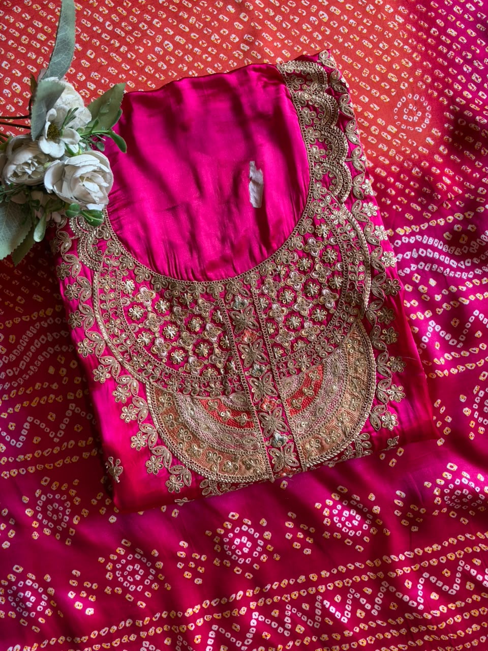 Gajji silk with ombré shading paired up with a bandhani dupatta
