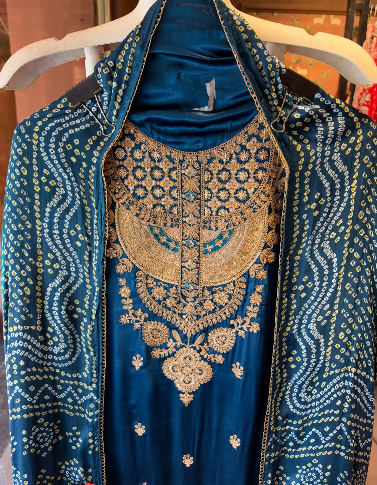 Gajji silk with ombré shading paired up with a bandhani dupatta