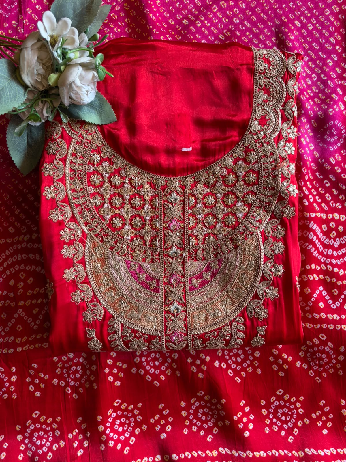 Gajji silk with ombré shading paired up with a bandhani dupatta
