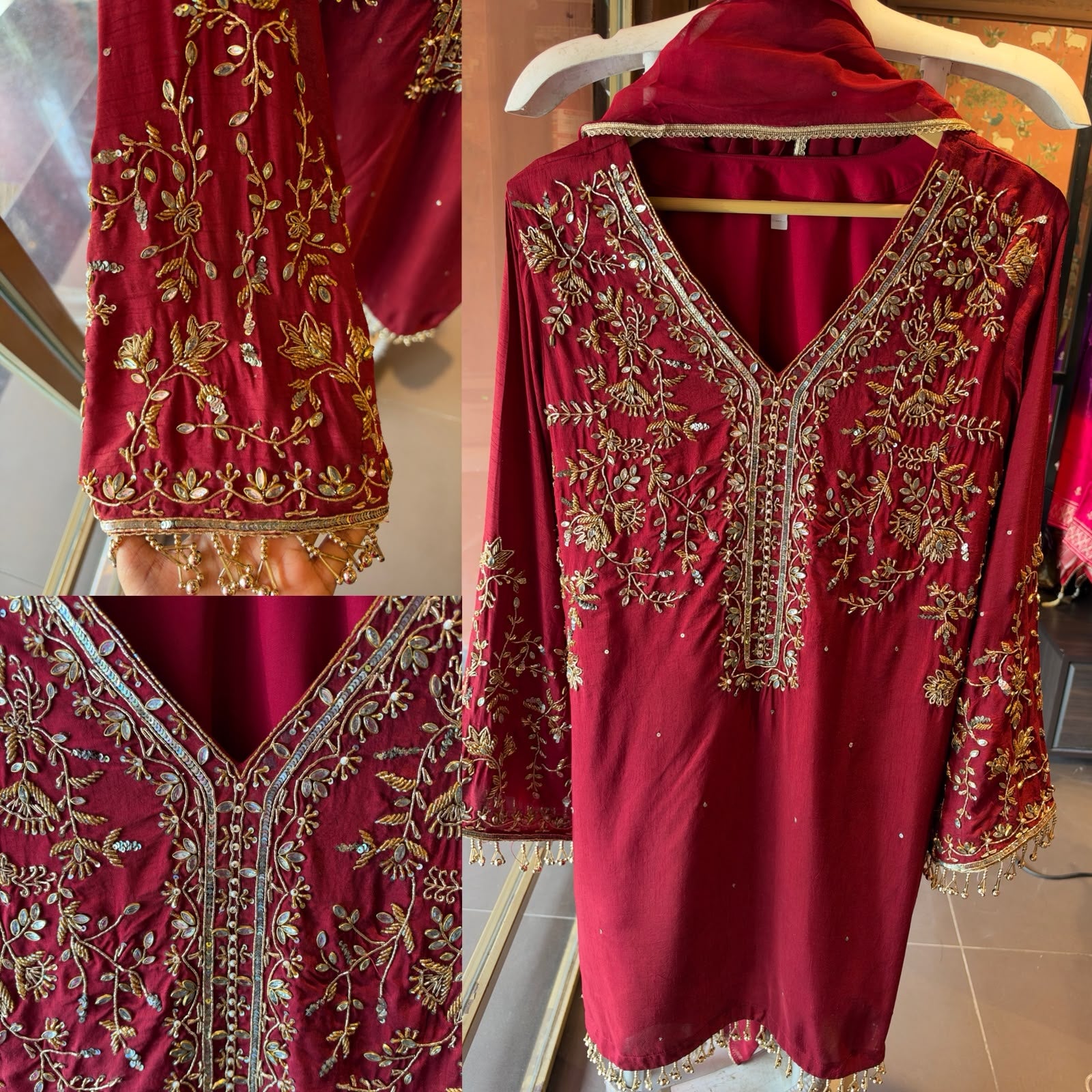 Maroon colour Raw silk Embroidered Kurta Set