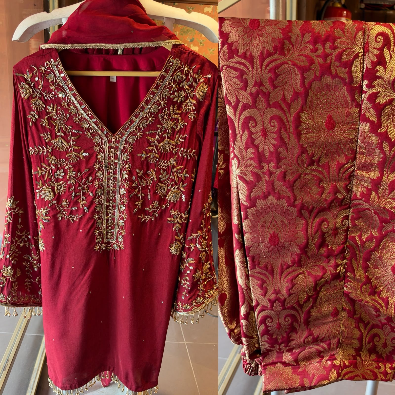 Maroon colour Raw silk Embroidered Kurta Set