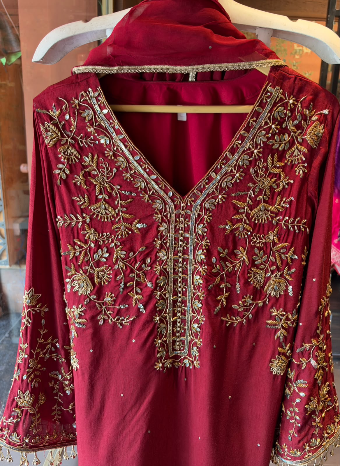 Maroon colour Raw silk Embroidered Kurta Set
