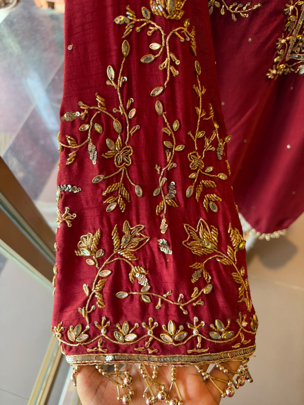Maroon colour Raw silk Embroidered Kurta Set