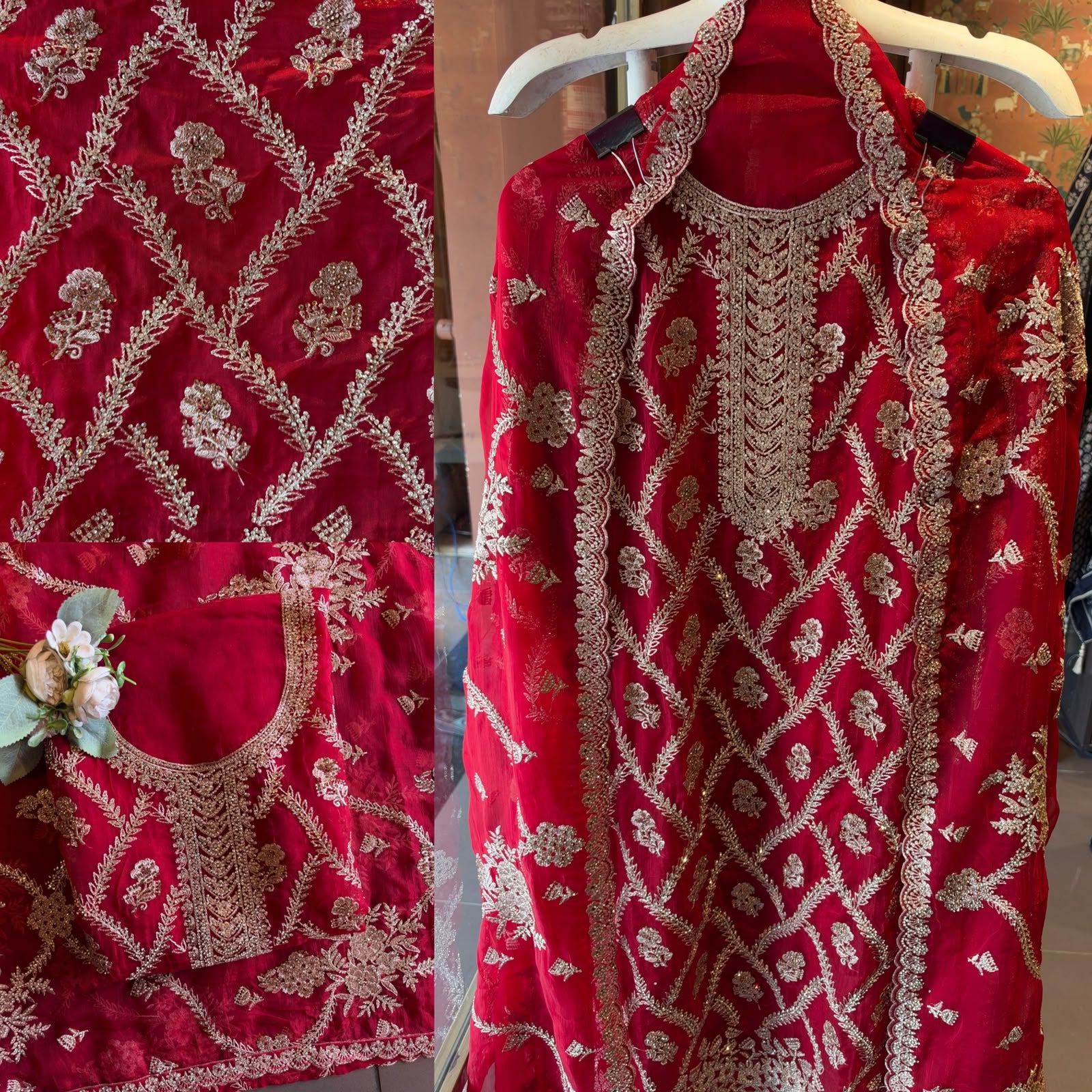 Ruby Red Embroidered Suit Set with stone work