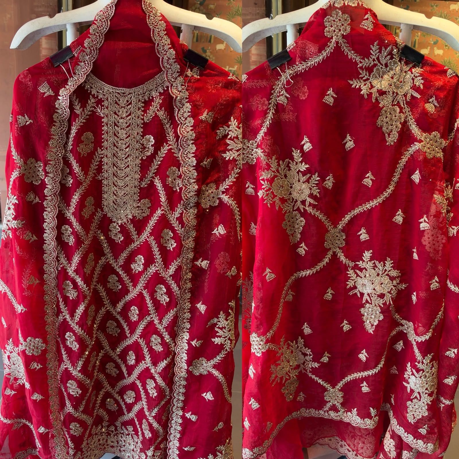 Ruby Red Embroidered Suit Set with stone work