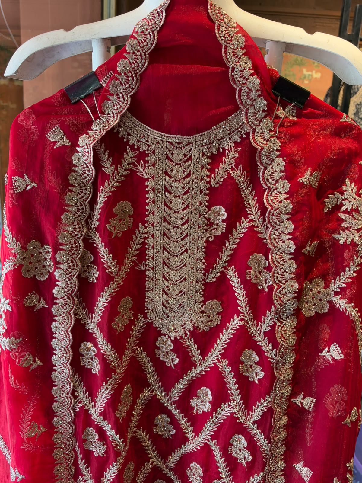 Ruby Red Embroidered Suit Set with stone work