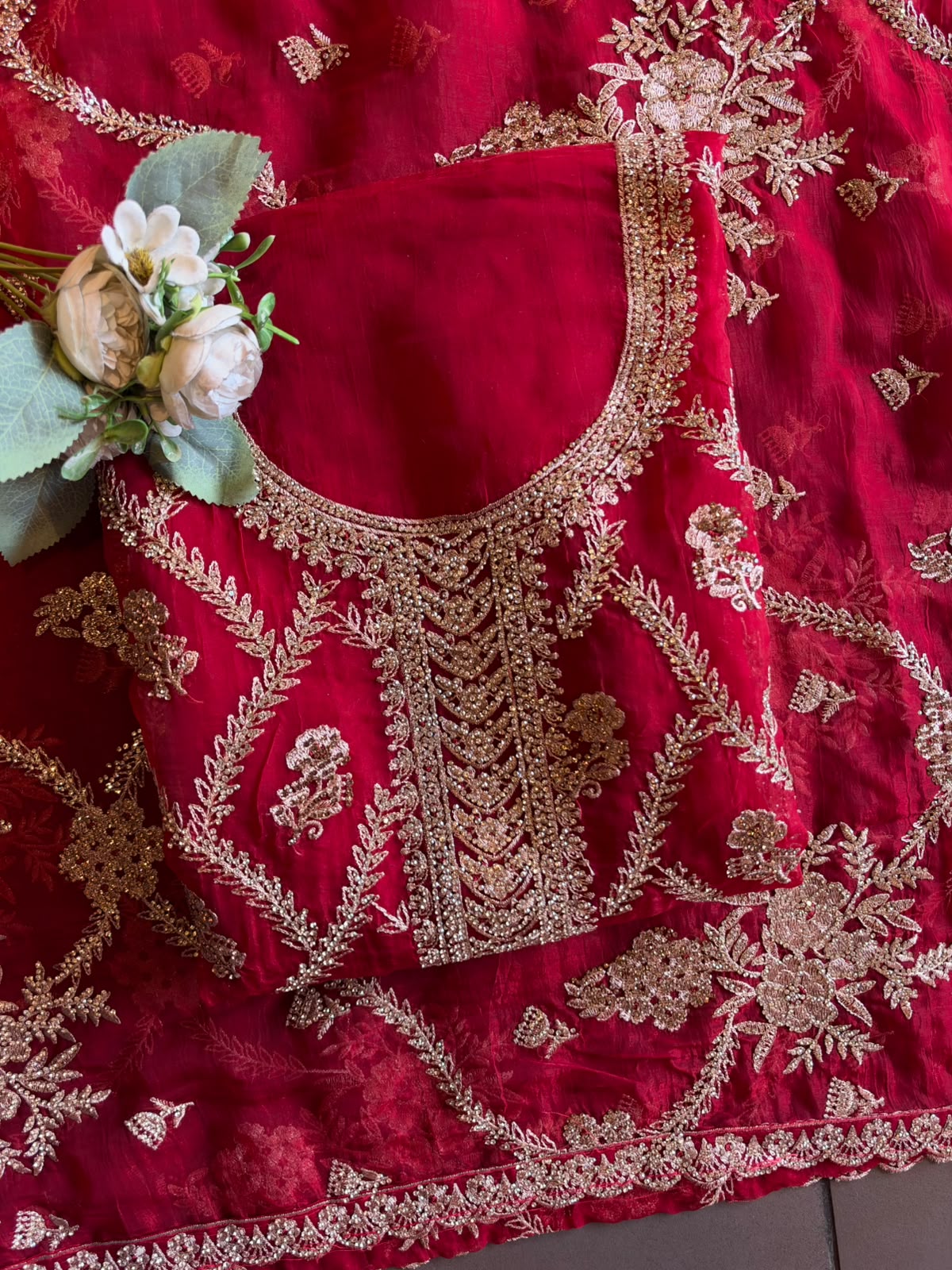 Ruby Red Embroidered Suit Set with stone work