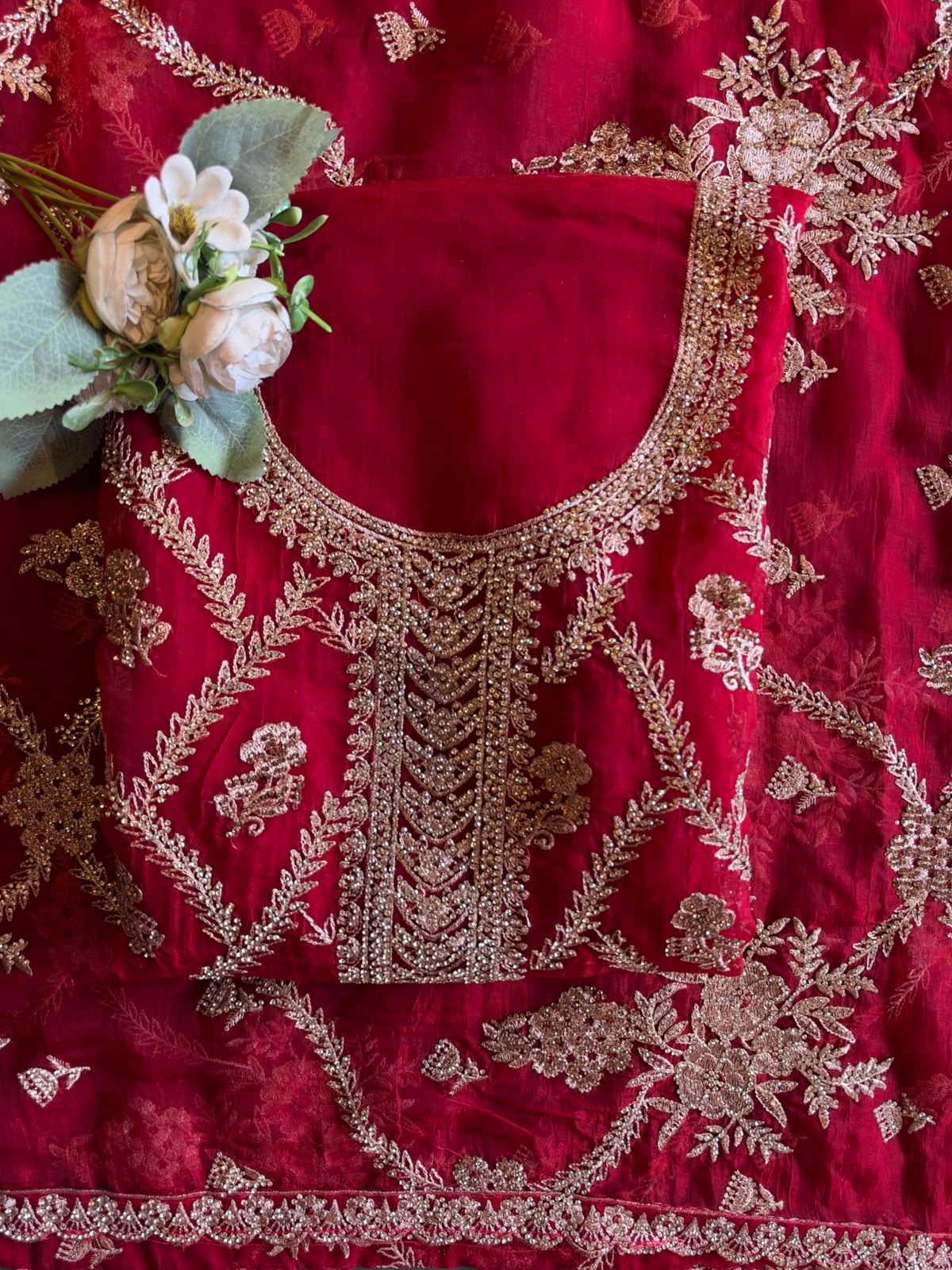 Ruby Red Embroidered Suit Set with stone work